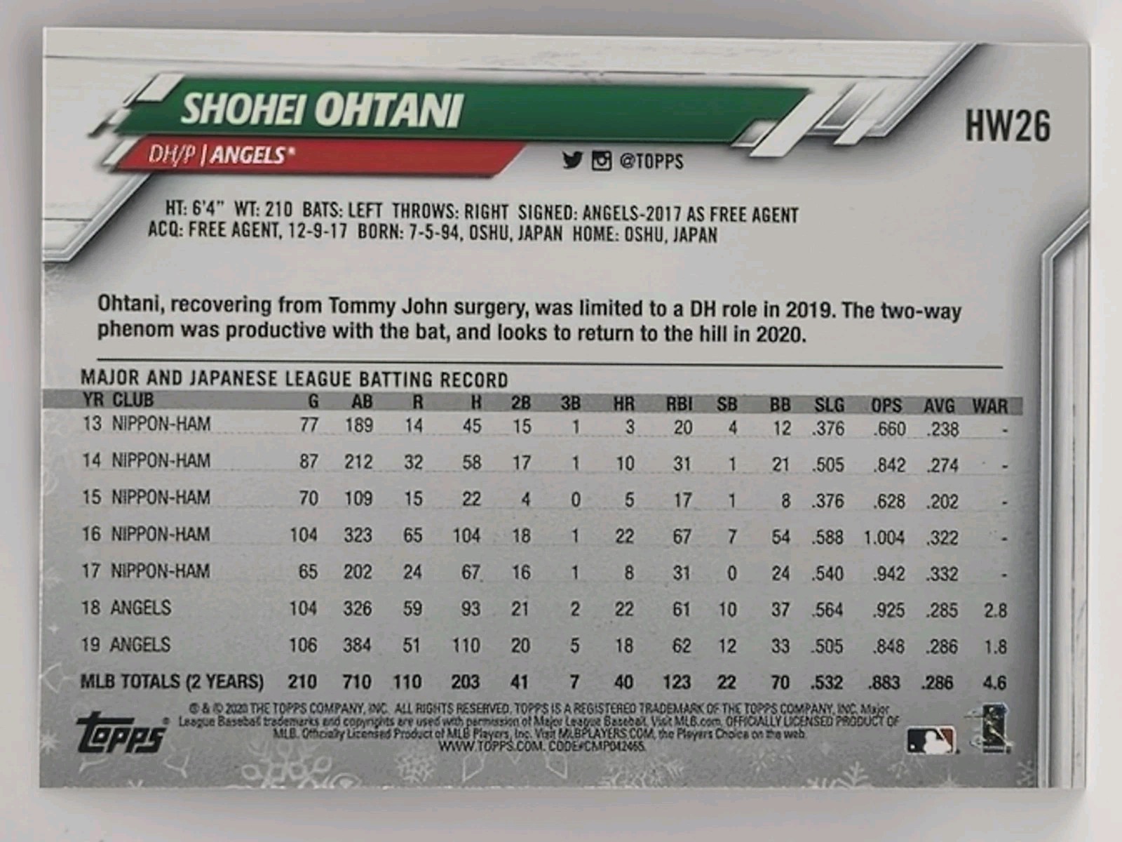 2020 Topps Holiday – Shohei Ohtani #HW26 Los Angeles Angeles / Dodgers