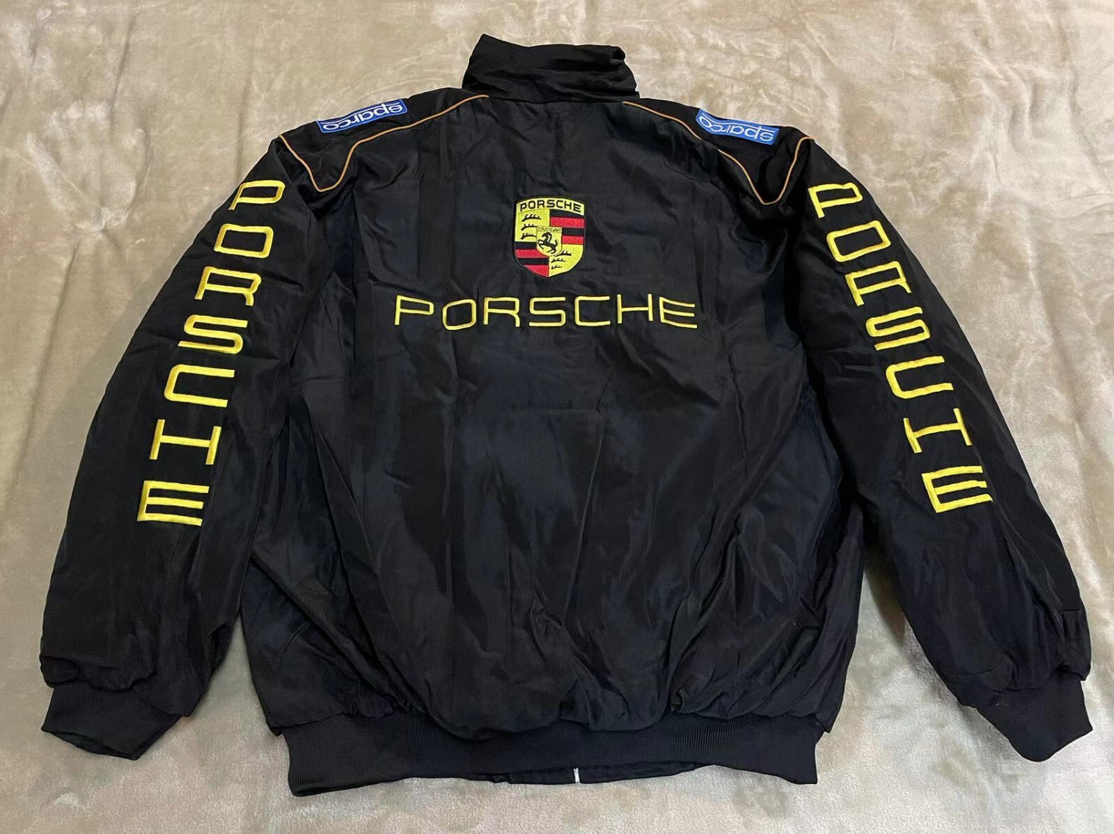 Unisex Adult Racing Black Jacket Embroidered Patches Cotton Padded Porsche M-2XL