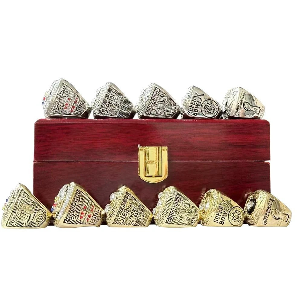 6PCS Pittsburgh Steelers Super Bowl Championship Ring Set W/ Wooden Display Box