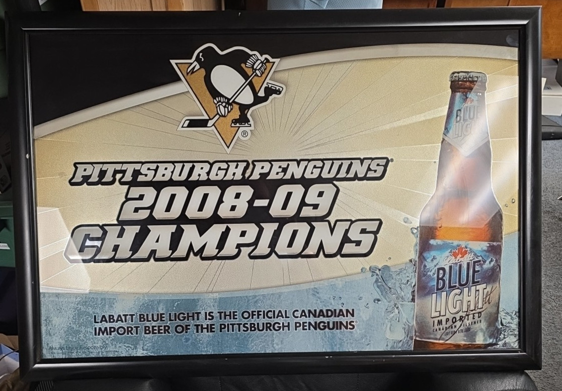 39″ X 27″ PITTSBURGH PENGUINS 2008-09 STANLEY CUP CHAMPIONS LABATT’S MIRROR RARE