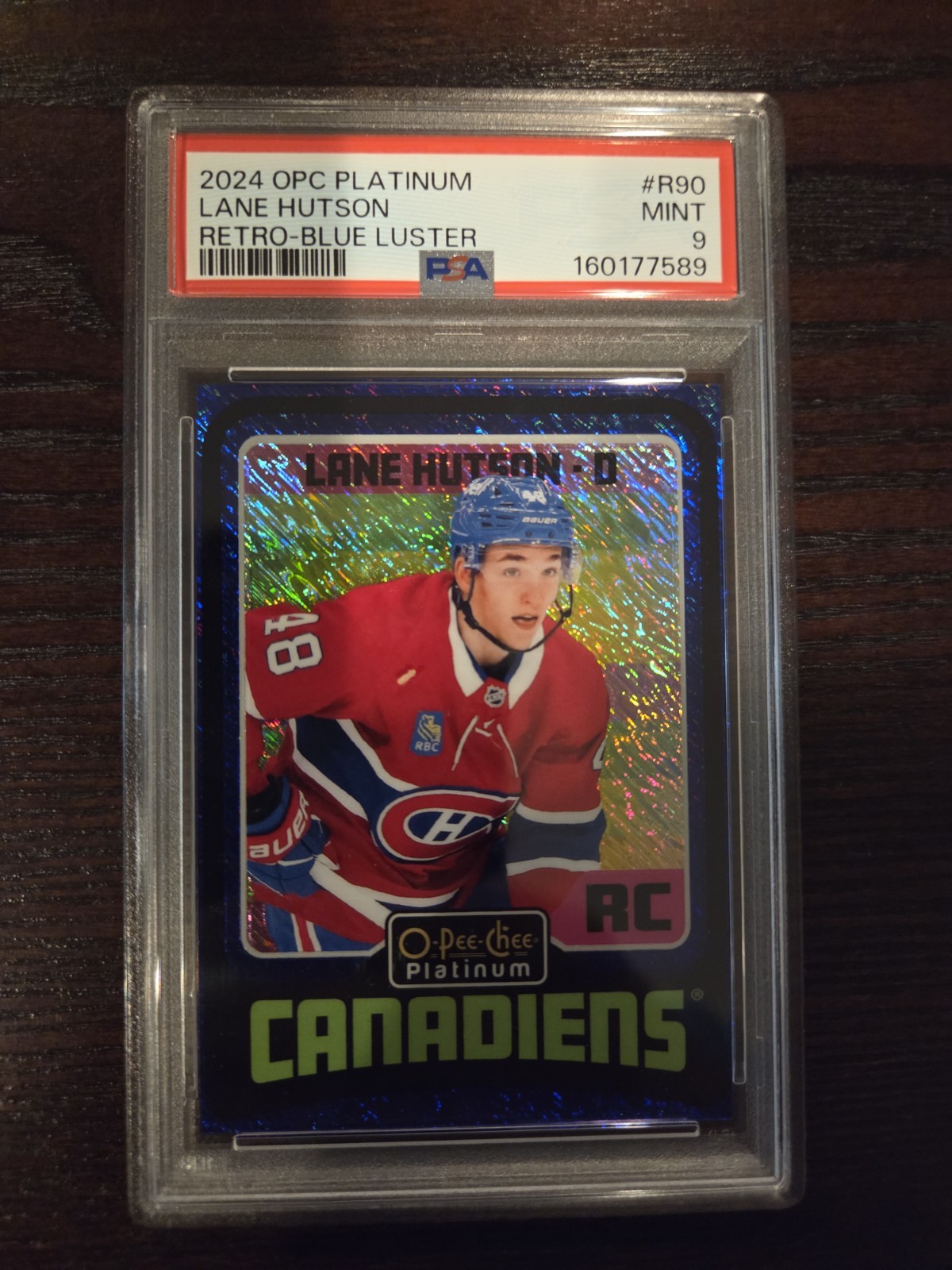 Lane Hutson 2024-25 OPC Platinum #R90 Retro Blue Luster /100 Rookie PSA 9