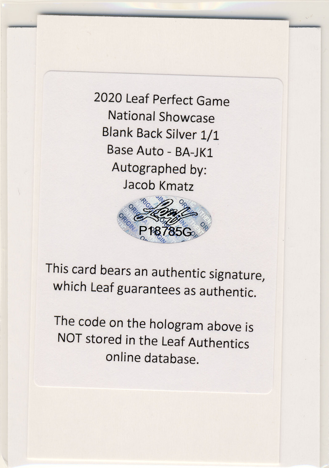 JACOB KMATZ 2020 Leaf Perfect Game PG Blank Back AUTO /1 RAYS 1/1