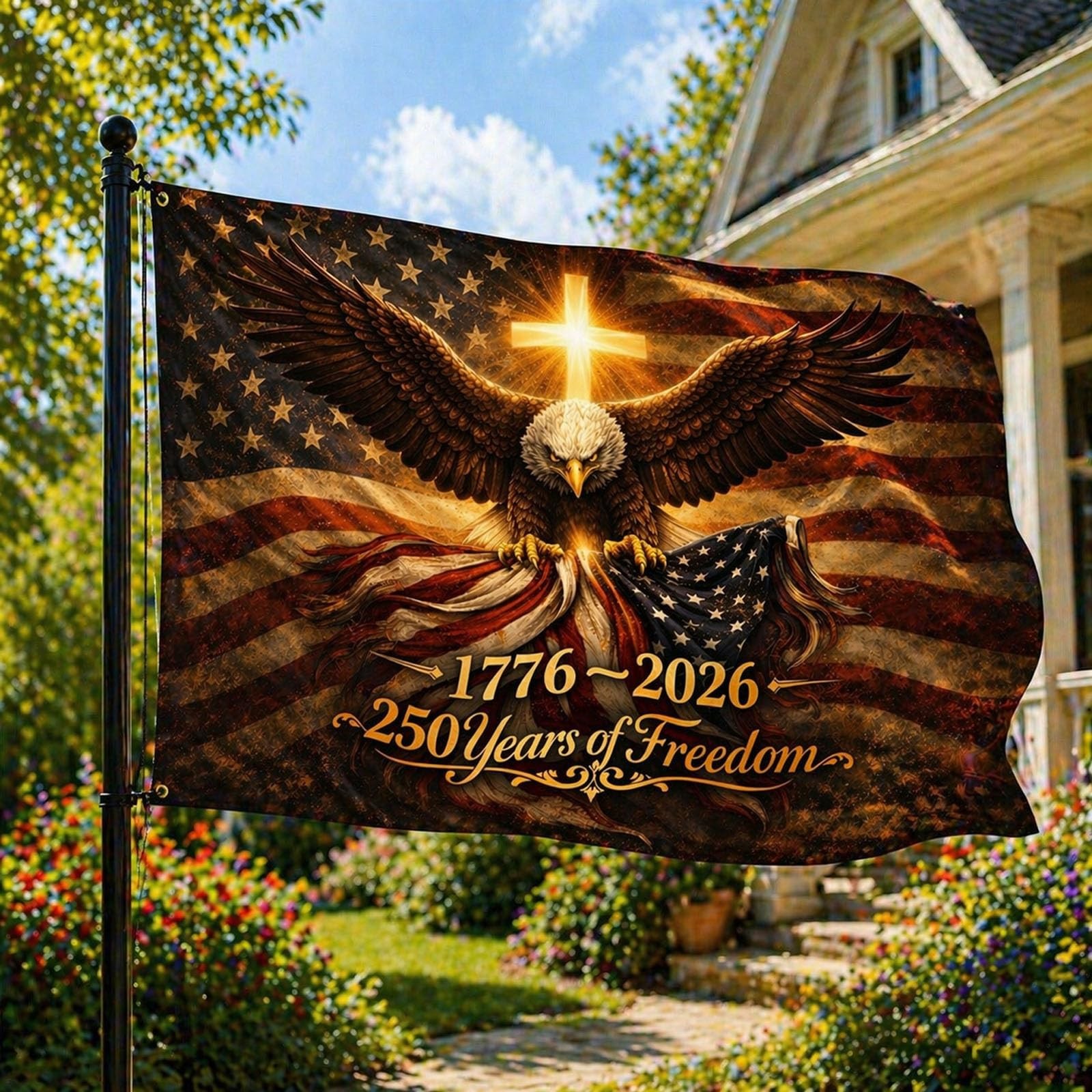 250th Anniversary USA Double Sided 3-Ply Flag for outside,We The 3×5 ft, Gold