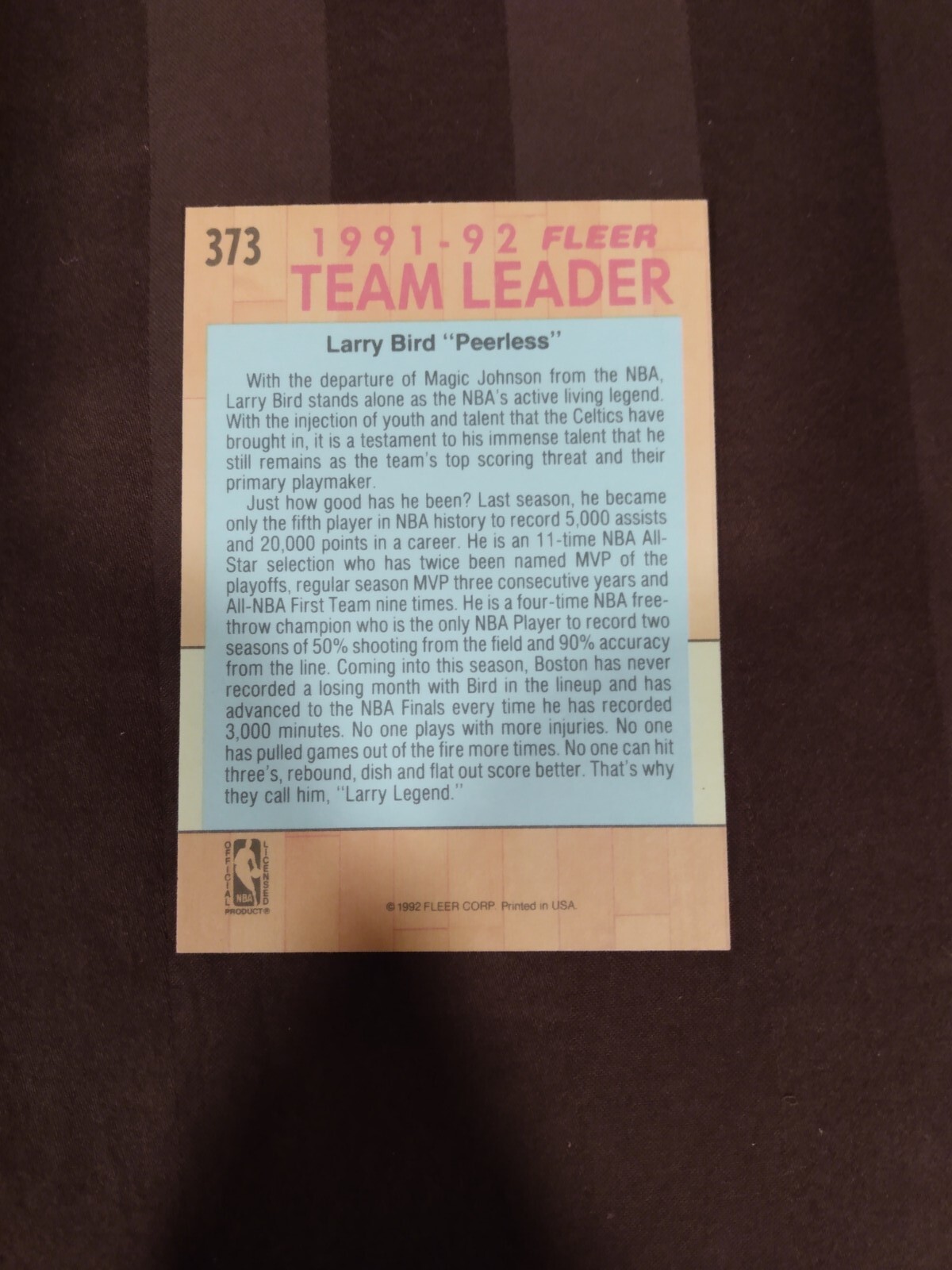 1991-92 FLEER TEAM LEADER LARRY BIRD #373