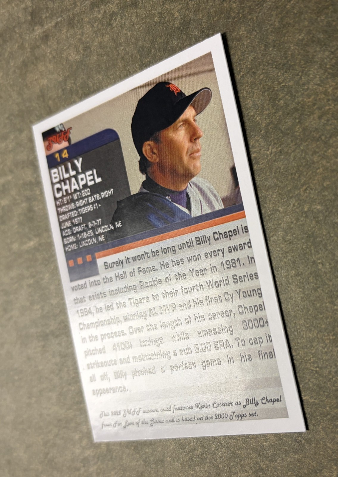 Billy Chapel Handmade Custom Baseball Card, For Love Of The Game, 1999, Costner