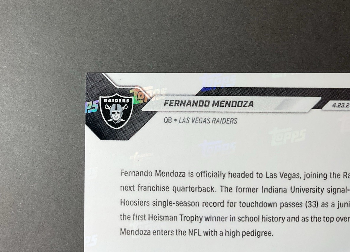 FERNANDO MENDOZA 2026 Topps Now NFL Draft Night 1st Overall Pick #FMEN Raiders