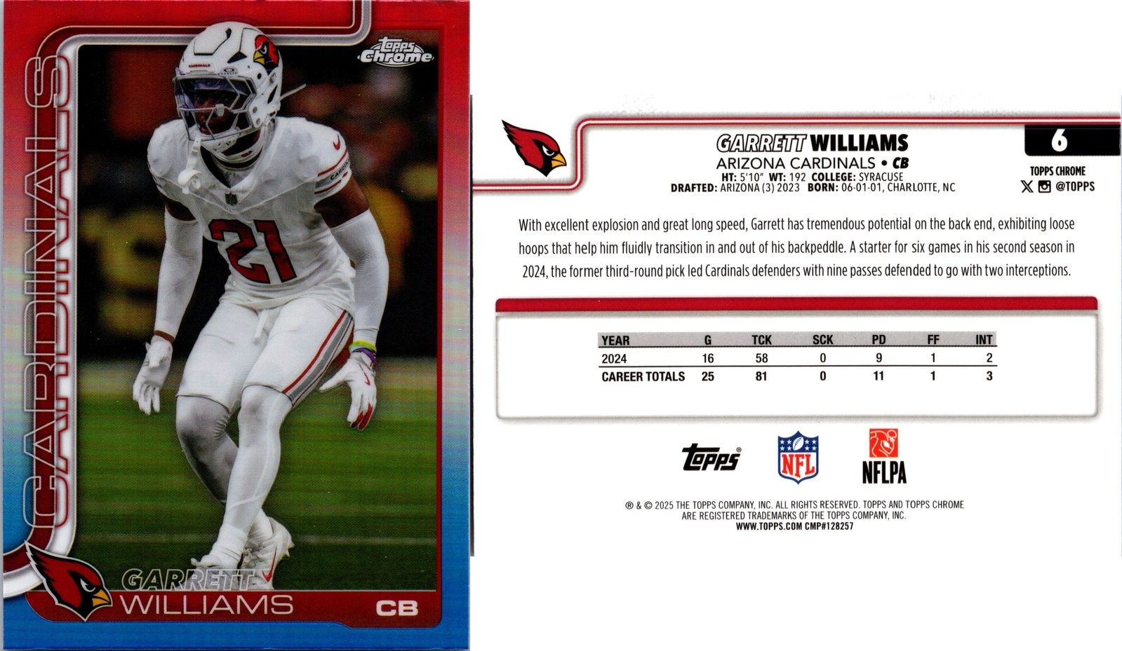 2025 Topps Chrome GARRETT WILLIAMS #6 Red White Blue