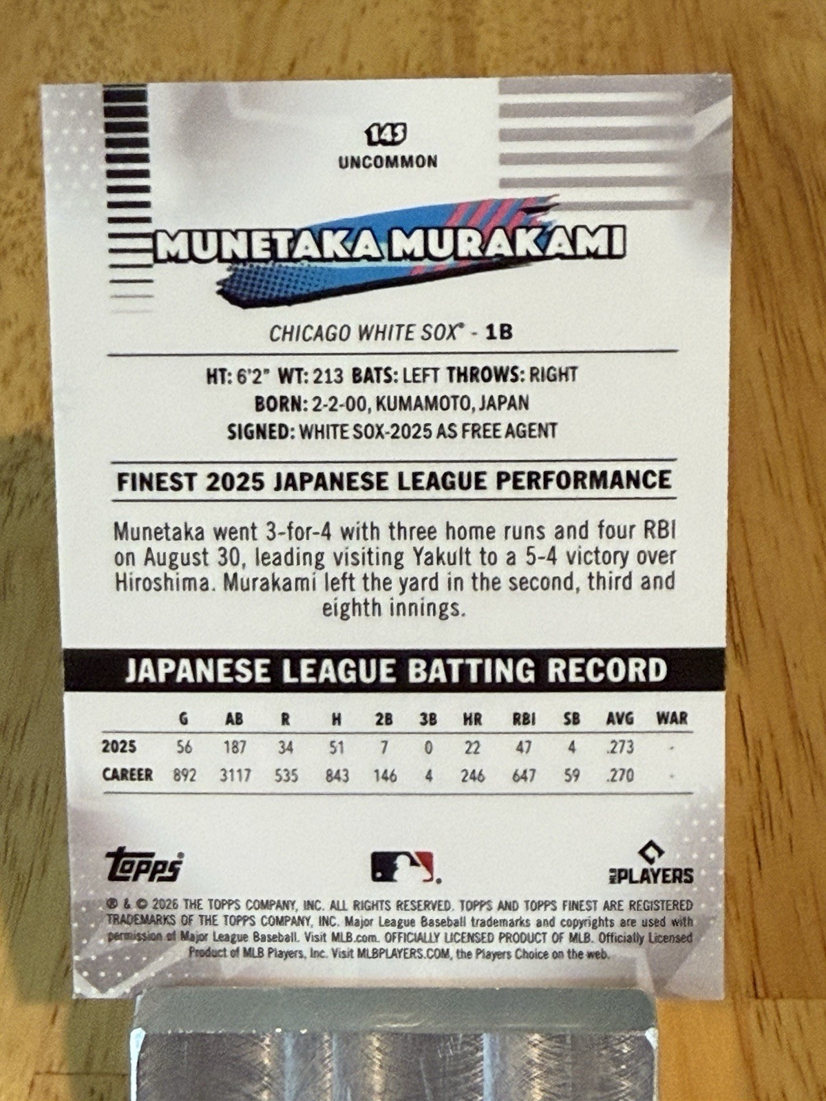 2026 Topps Finest Munetaka Murakami RC Uncommon Mini Diamond #143 *read desc*