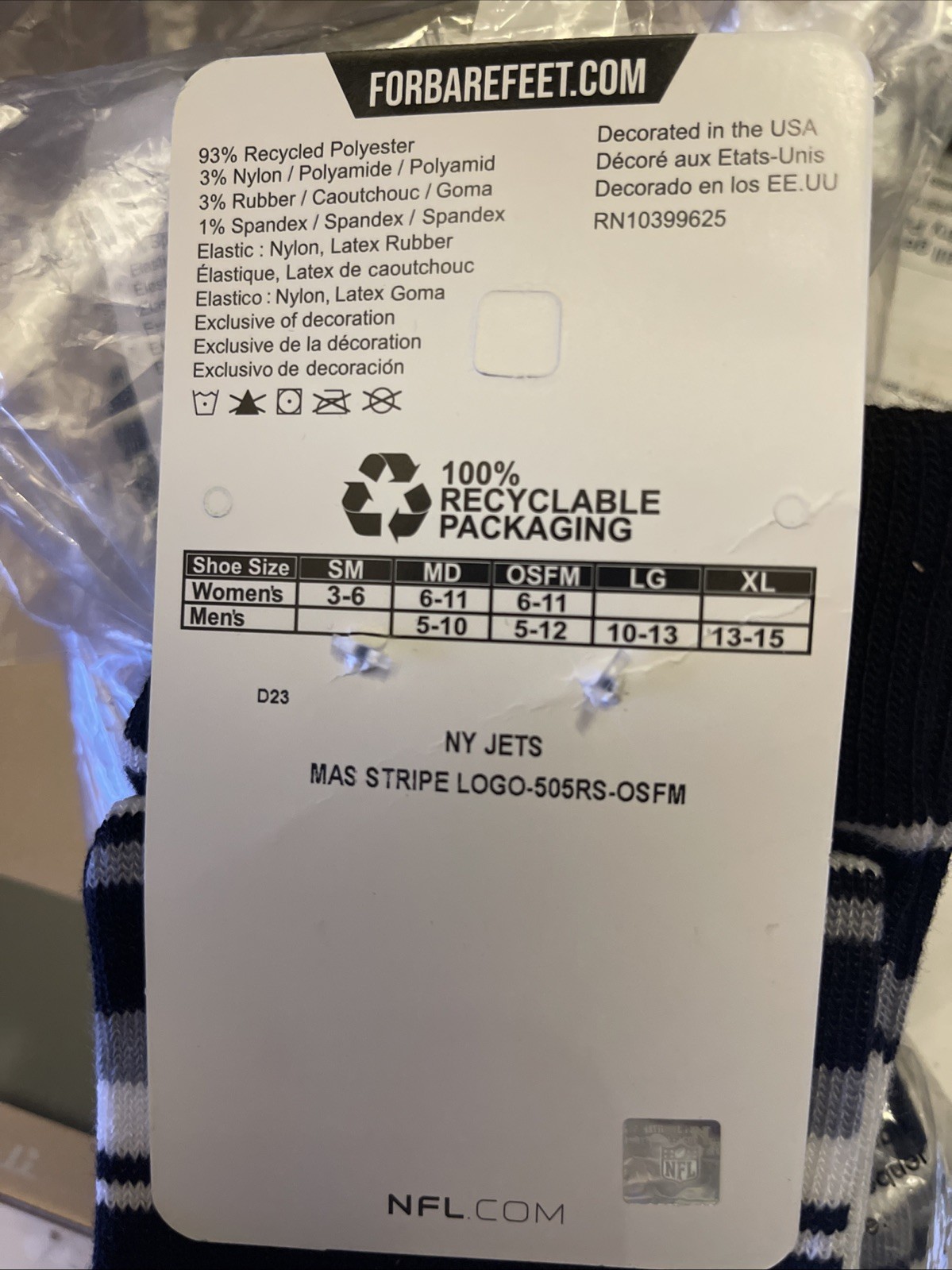 2-pairs For Bare Feet Men’s NFL 4-Stripe Performance Crew Socks Large NY Jets