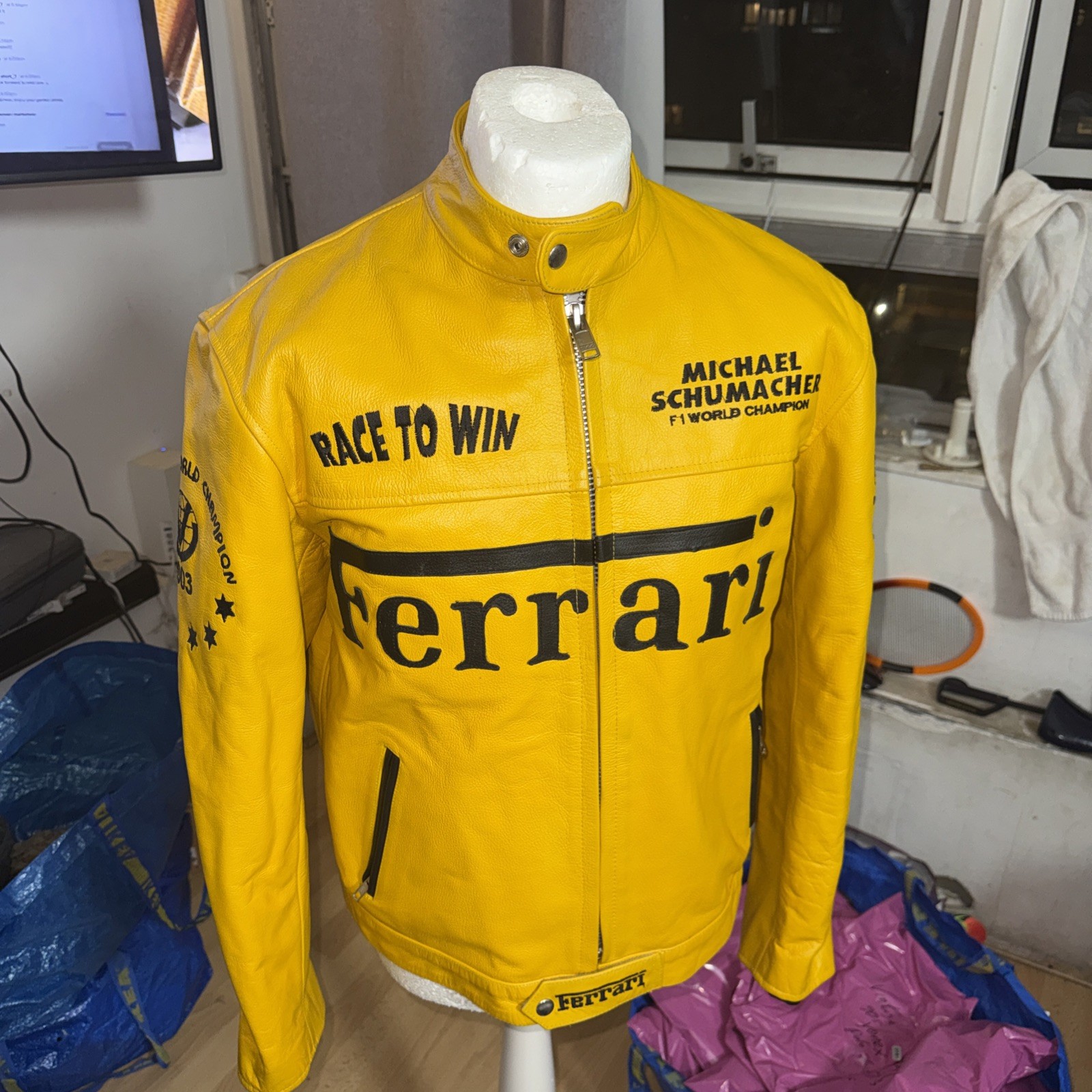 Vintage Michael Schumacher Ferrari Leather Jacket Mens Size large Yellow Black