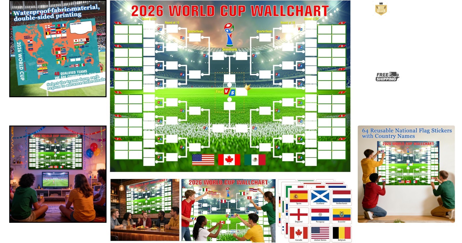36×24 Inches World Cup 2026 Schedule Poster with 64 Reusable Flag Stickers