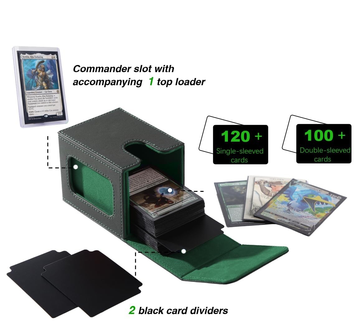 Venssu MTG Deck Box for Commander 3.39 x 3.54 x 4.33 inches, Blackï¼†Green