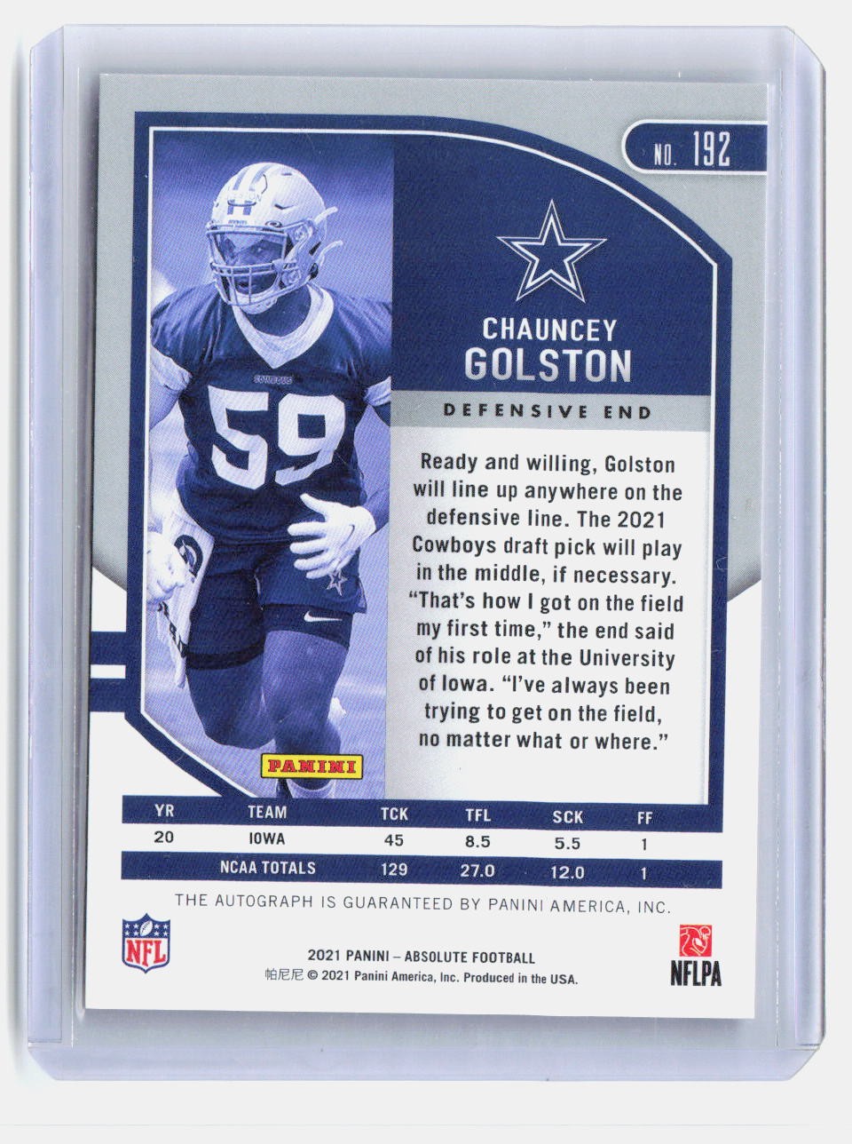 2021 Panini Absolute #192 Chauncey Golston Signature Rookies