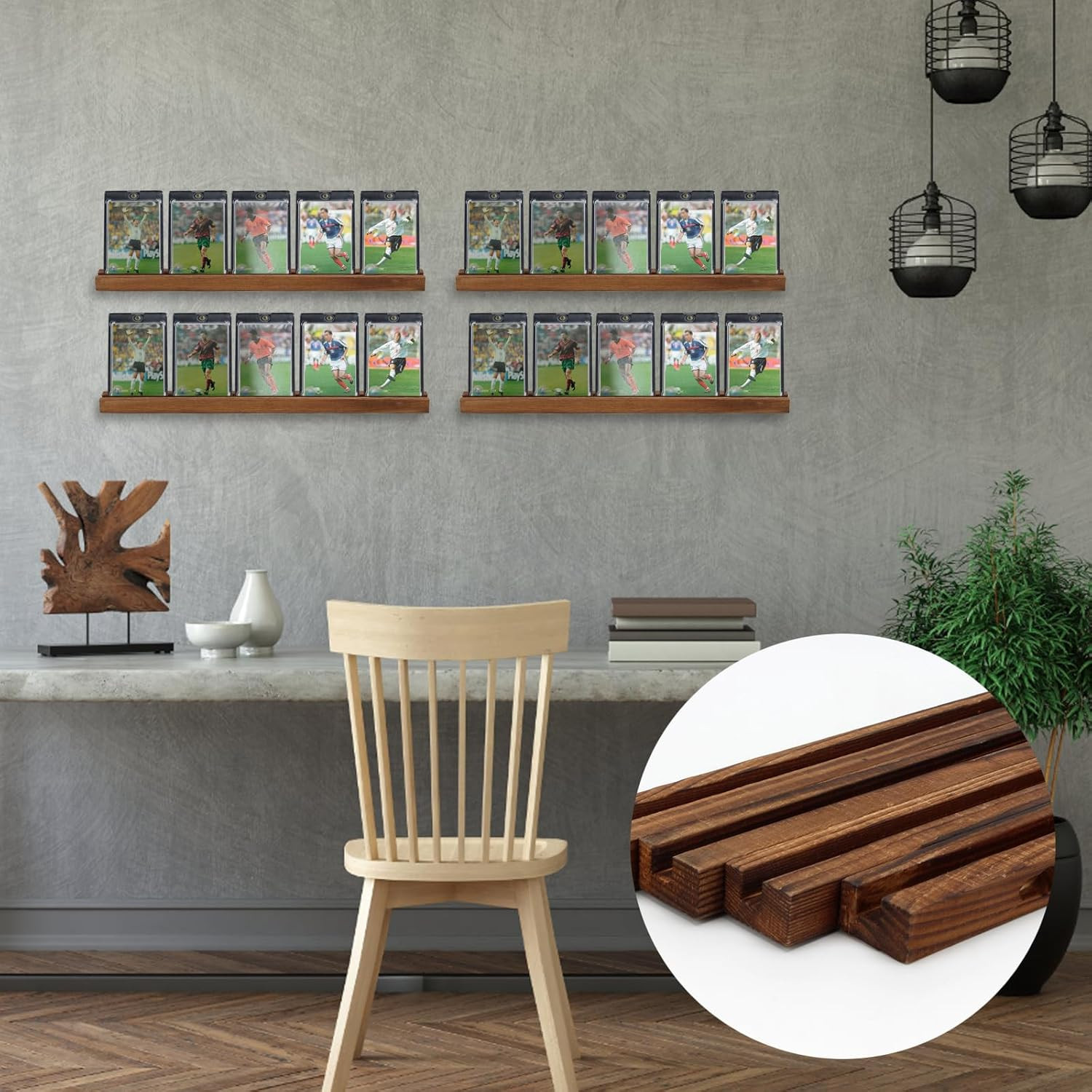 4 Pack Sports Card Display Shelf for Wall, Wood Playing Card Holder Stand, Wall