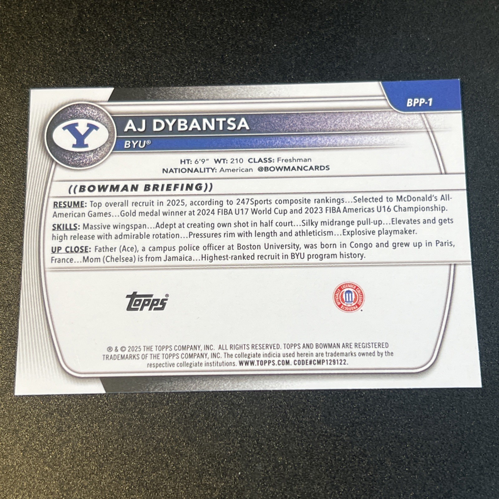 AJ Dybantsa 1st Bowman: 2025-26 Bowman Basketball – BYU #BPP-1