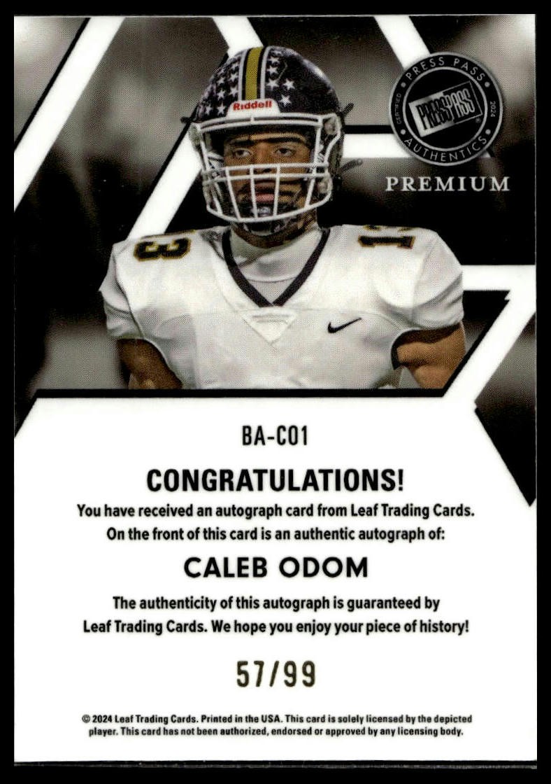 2024 Press Pass Premium #BA-CO1 Caleb Odom Autographs #/99 Auto