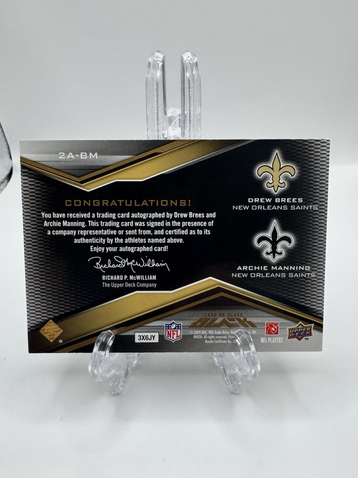 2009 Upper Deck Black Dual Autographs Drew Brees, Archie Manning Gold /25 Saints