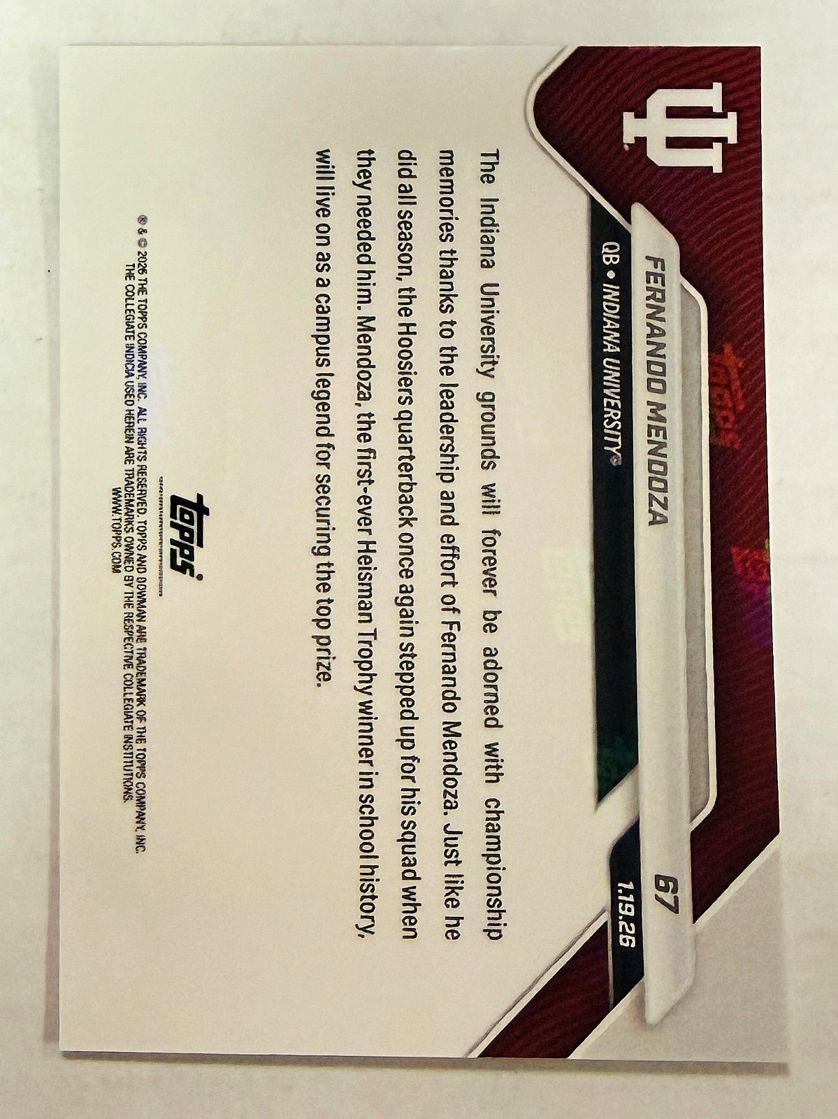 Fernando Mendoza Bowman U NOW #67 Indiana Hoosiers National Champions Promised