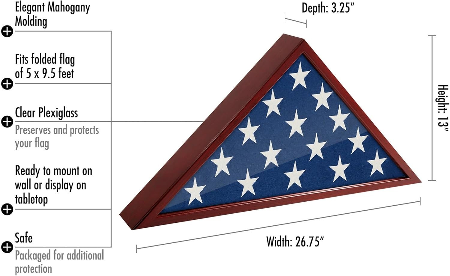 Triangular Mahogany Memorial Flag Case – Displays 5×9.5′ Burial Flag with Pride