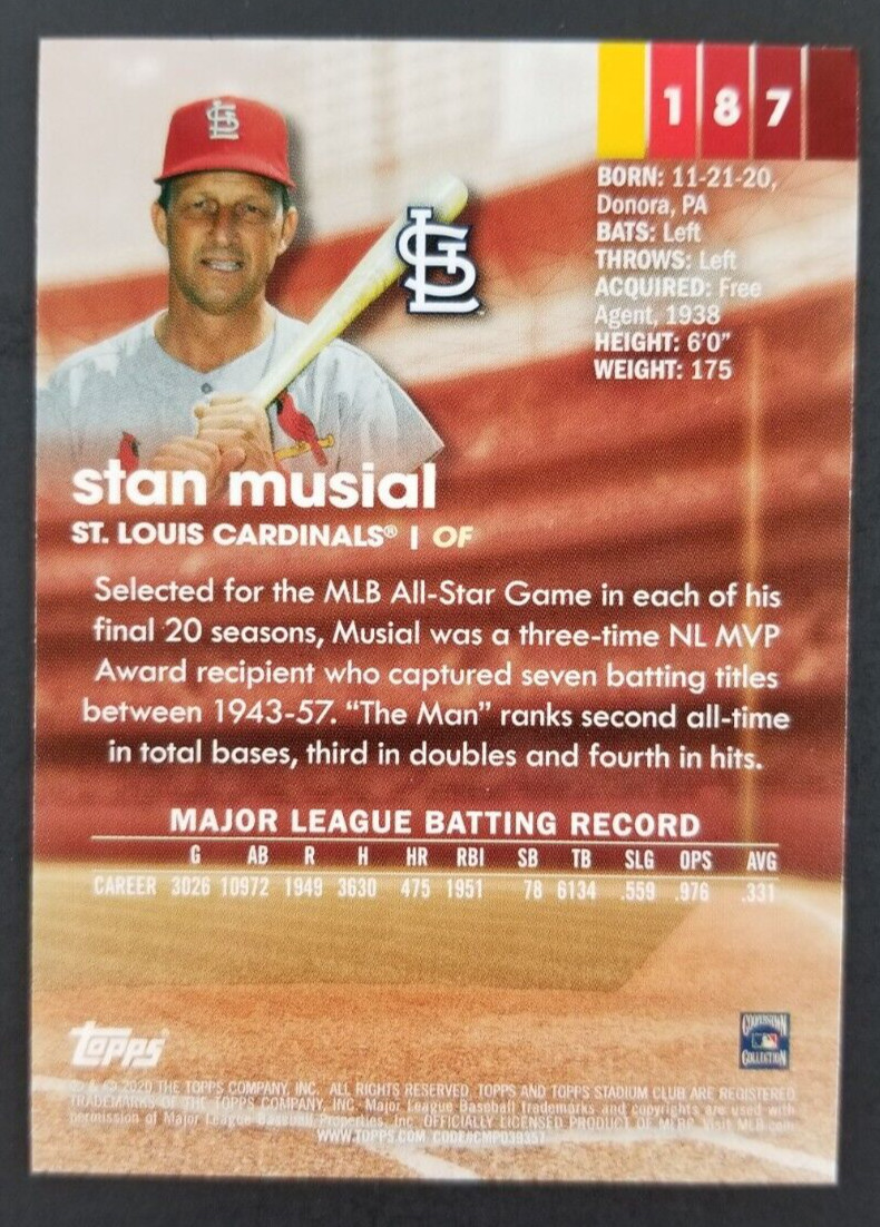 Stan Musial 2020 Topps Stadium Club Baseball Card #187 (NM)