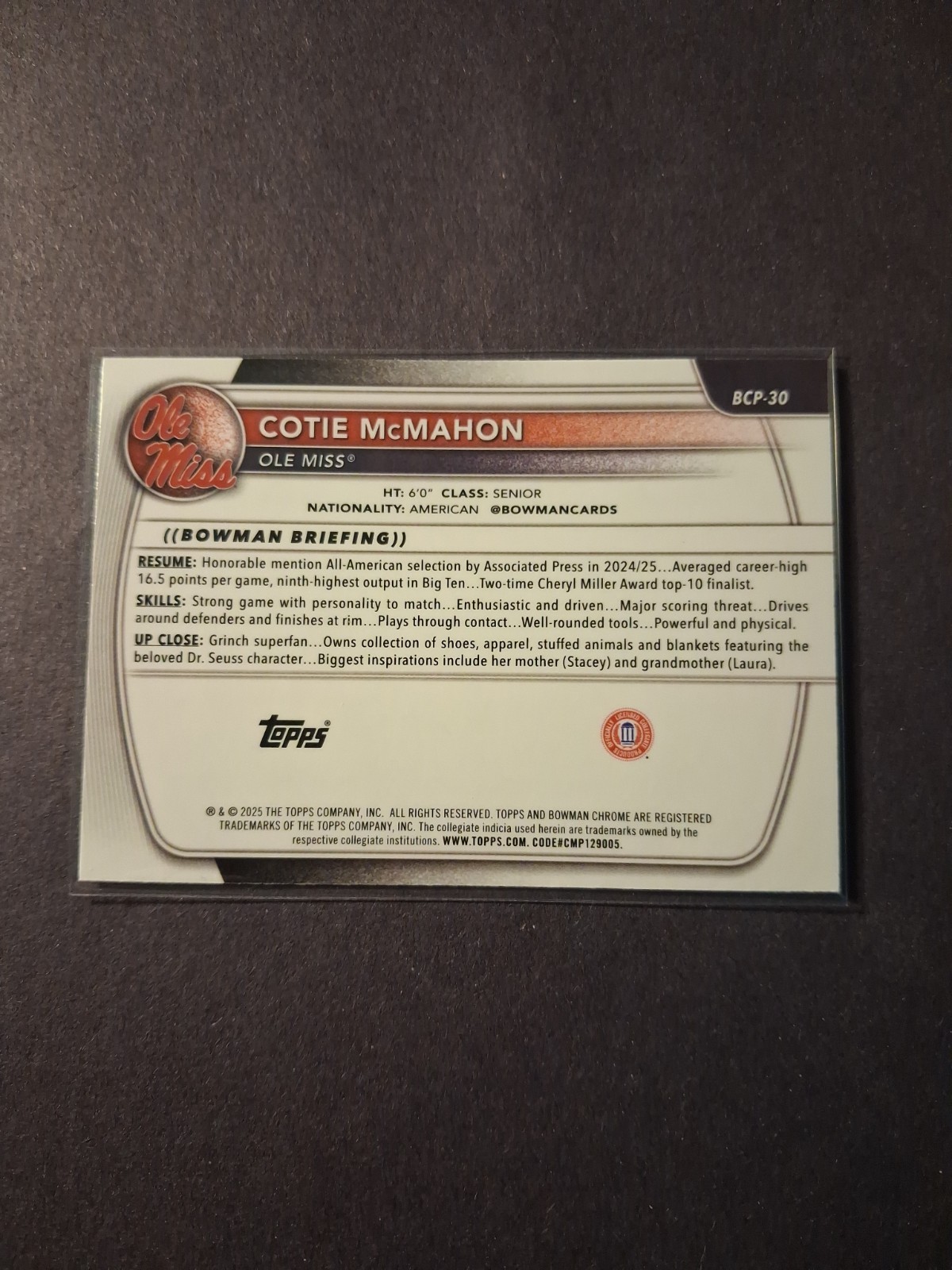 2025-26 Bowman Chrome U – Cotie McMahon #BCP-30 1st Bowman Reptilian Refractor