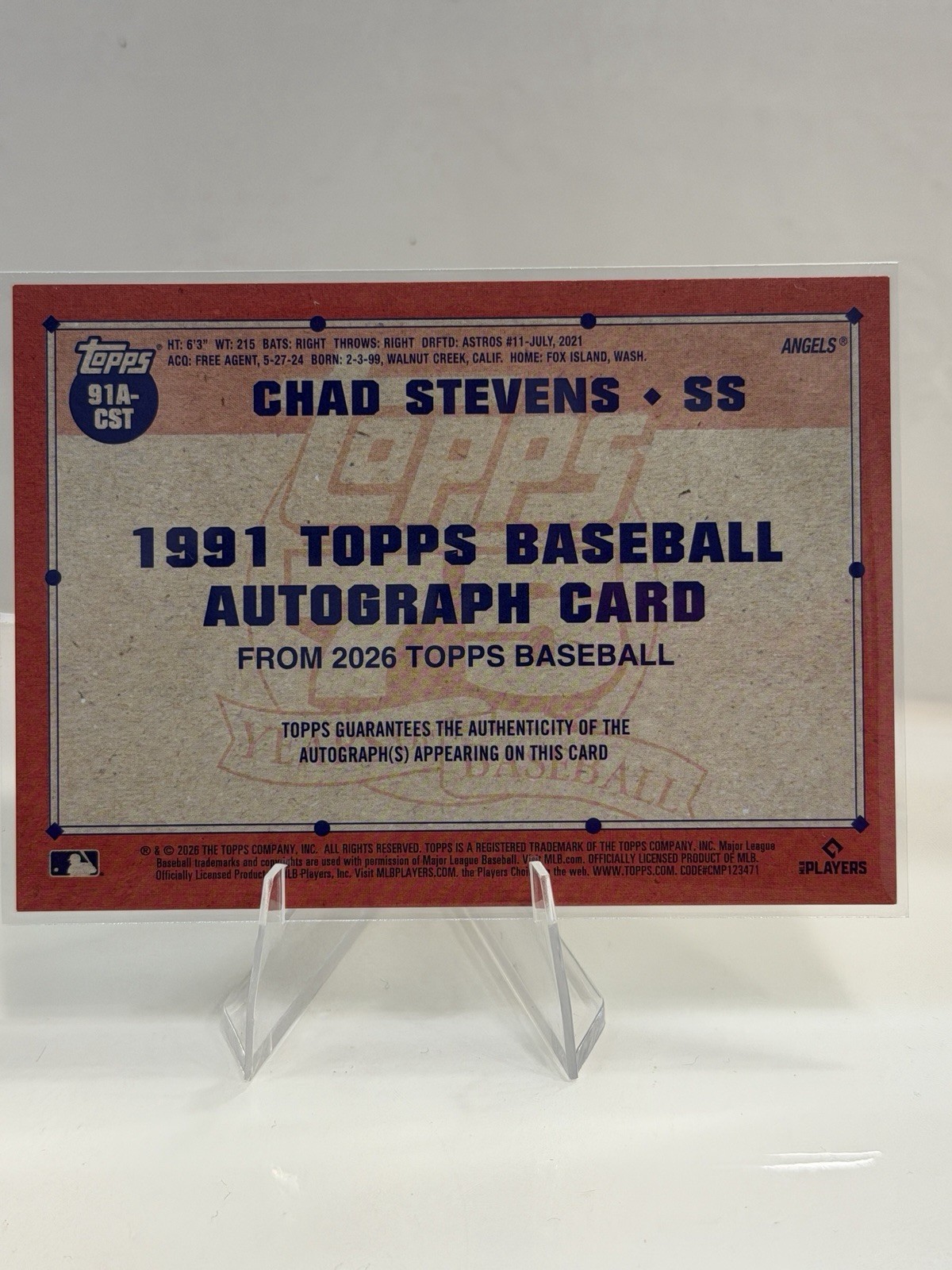 2026 Topps Series 1 1991 Autograph #91A-CST Chad Stevens RC Rookie Card AUTO