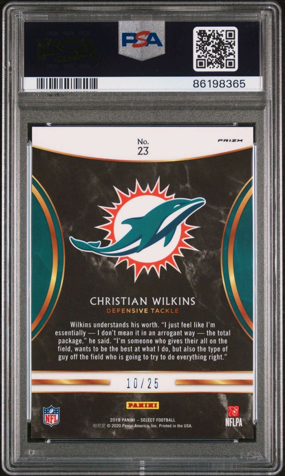 2019 Select Christian Wilkins Rookie Selections Tie-dye /25 PSA 10 Phins Raiders