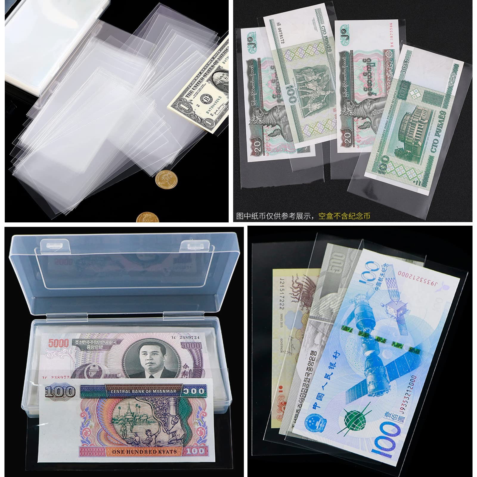 Ettonsun 200 Pcs Dollar Bill Sleeves Currency Holder Clear