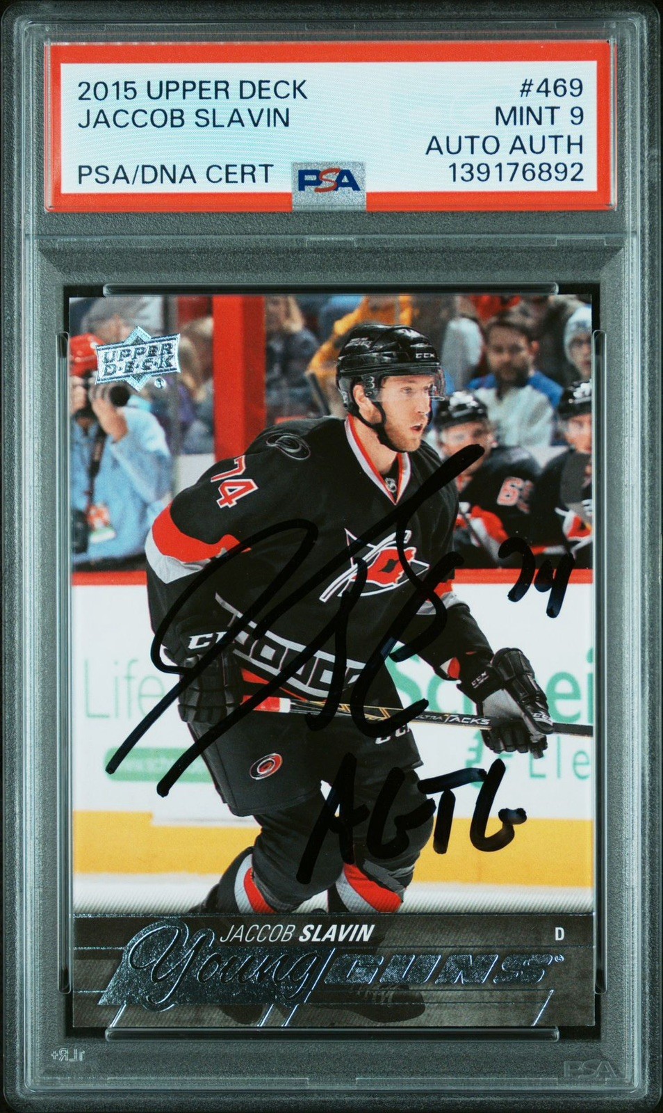 2015-16 Upper Deck Young Guns Jaccob Slavin #469 (RC) Autographed PSA 9
