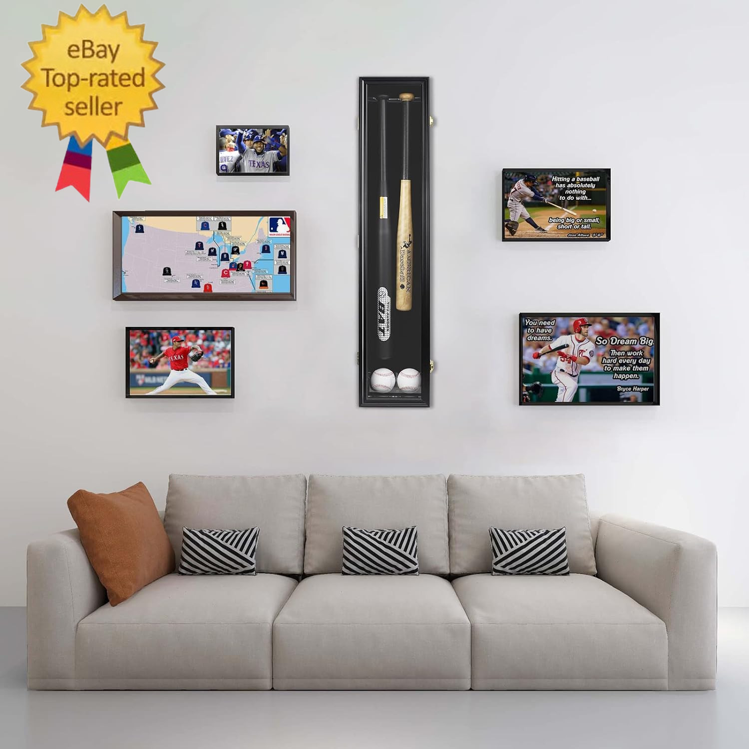 2 Baseball Bat Display Case Wooden Frame with Acrylic Transparent Door Holder Ra