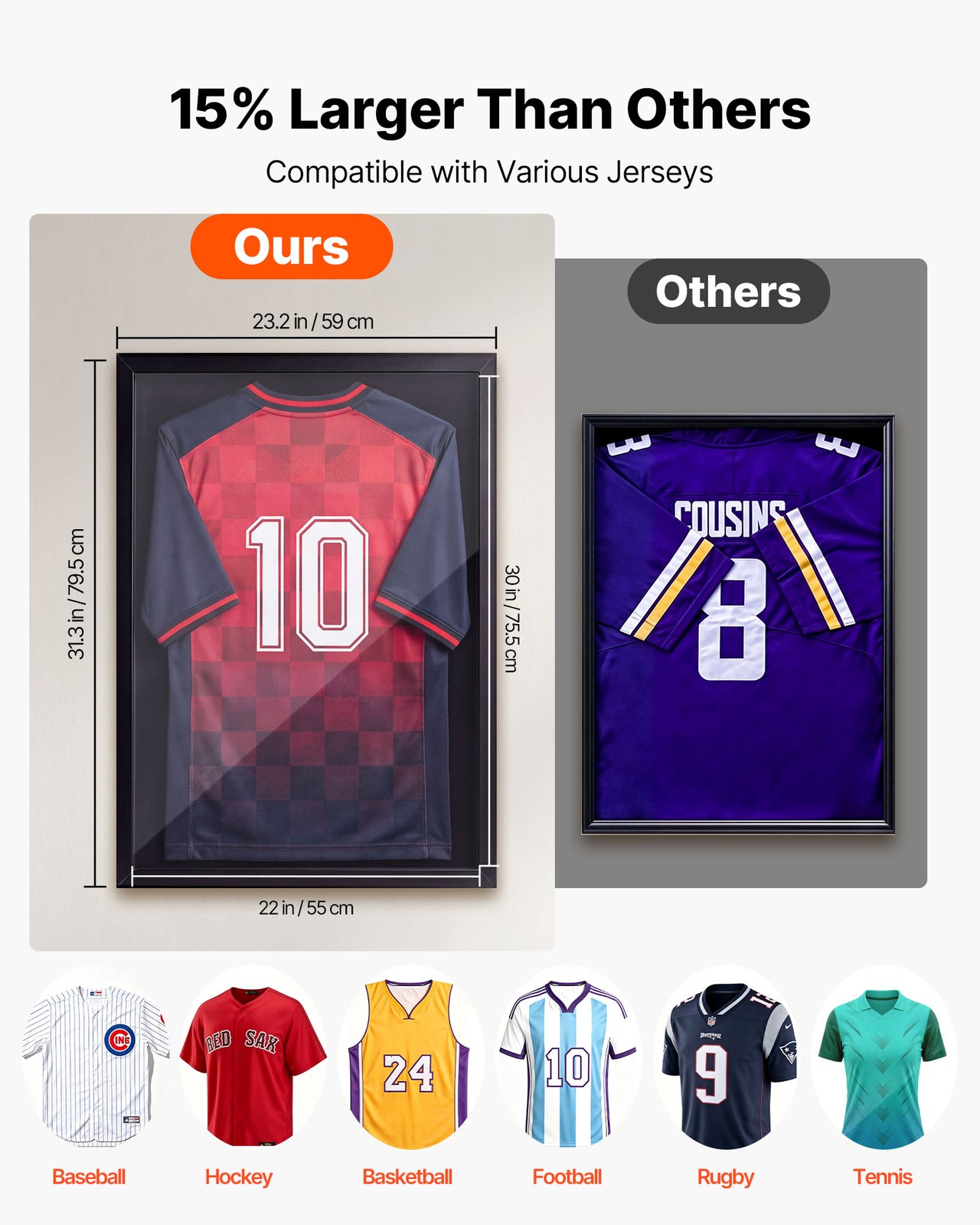 VEVOR Jersey Frame Display Case 31.3×23.2in Wood Sport Jersey Shadow Box 2 Pack
