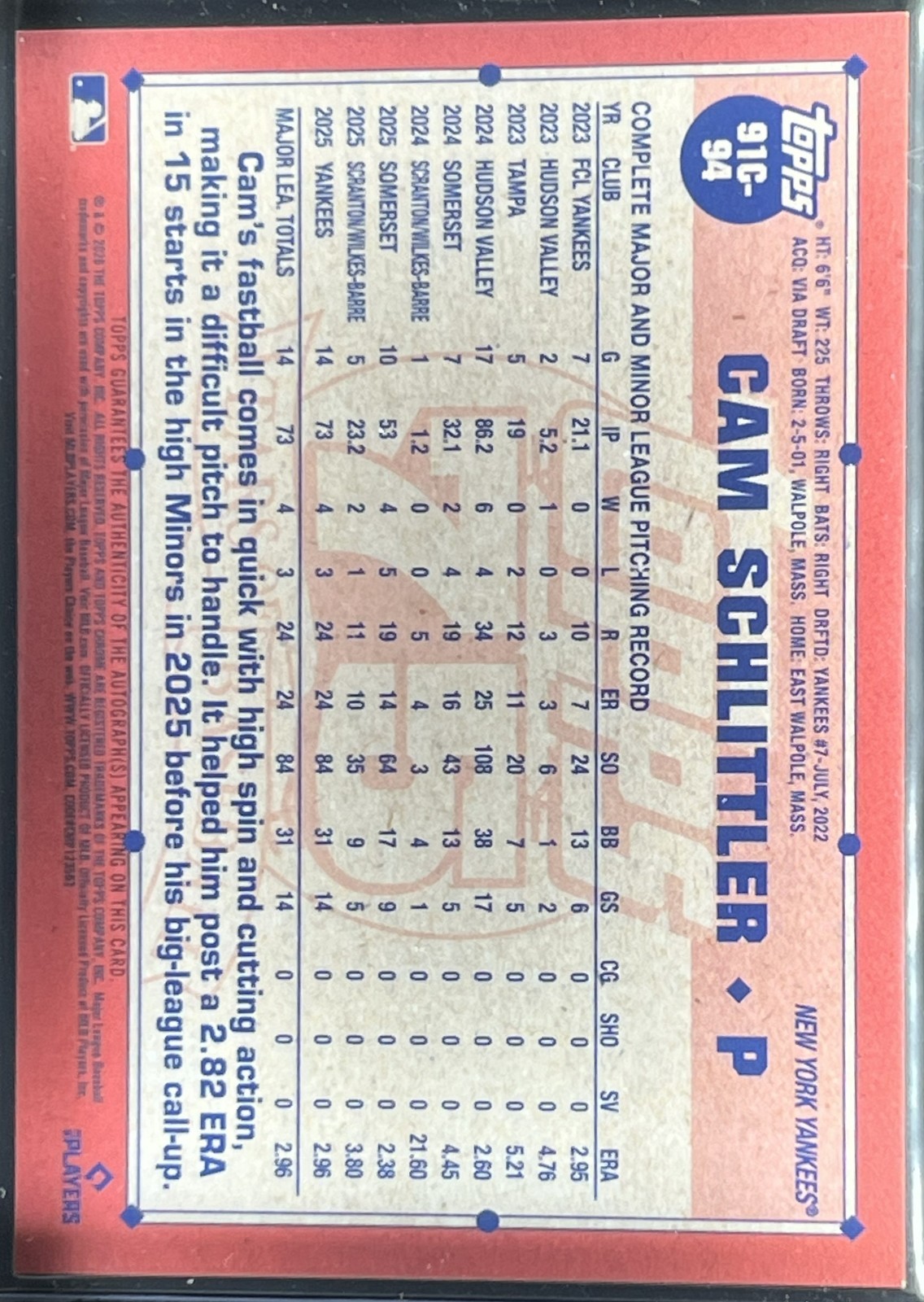 Cam Schlittler 2026 Topps #91C-94 Mojo Refractor 1991 Auto Silver Pack RC /299