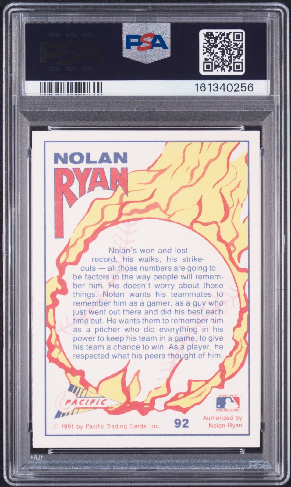 1991 Pacific NOLAN RYAN “Bloody Lip Jersey” Baseball Card #92 Graded PSA 8 NM-MT