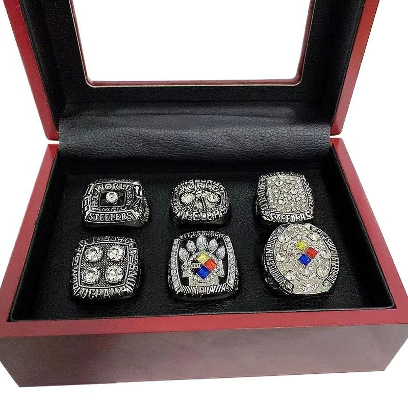 6PCS Pittsburgh Steelers Super Bowl Championship Ring Set W/ Wooden Display Box