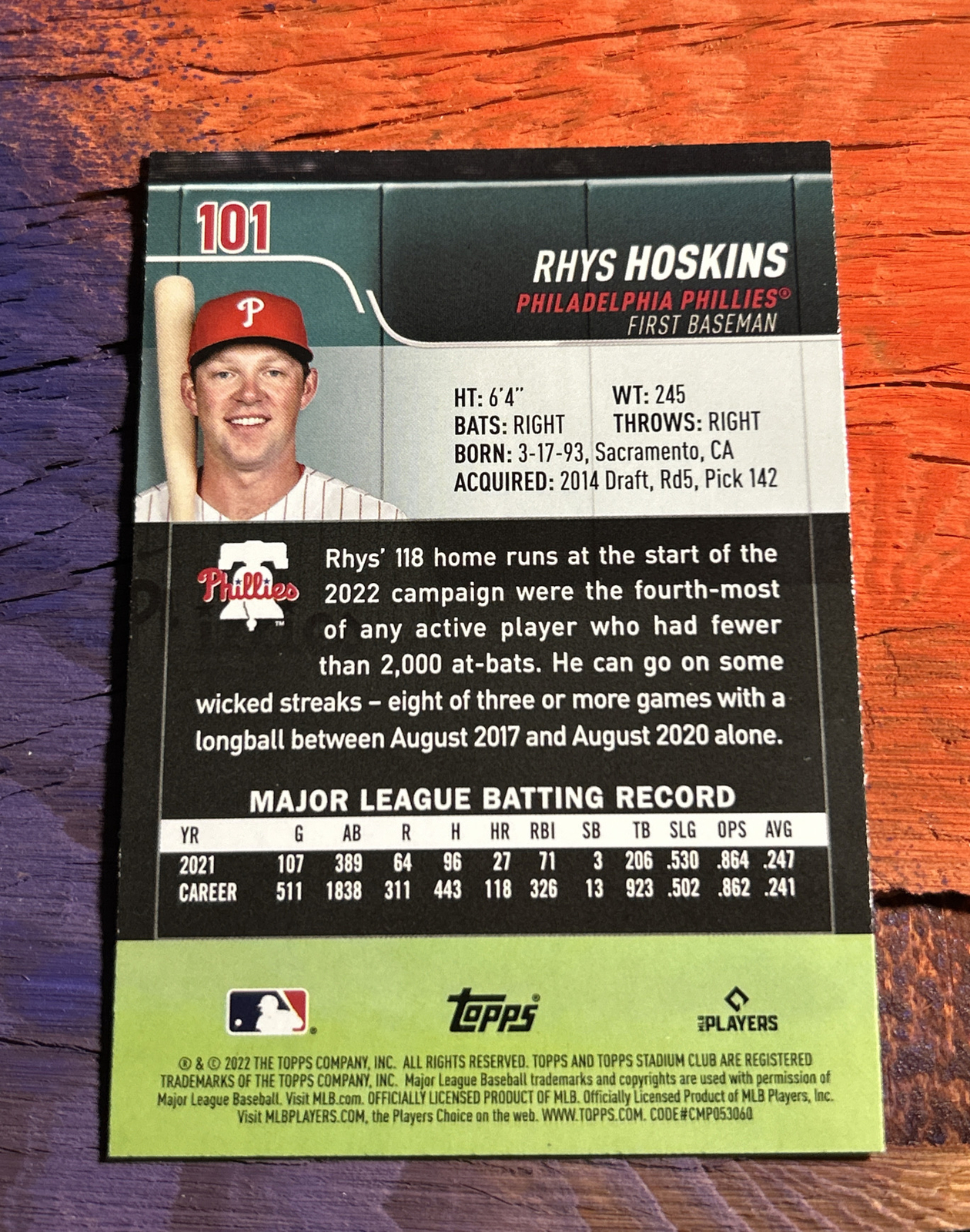 2022 Topps Stadium Club Rhys Hoskins Sepia Orange Foil Parallel #101 Phillies