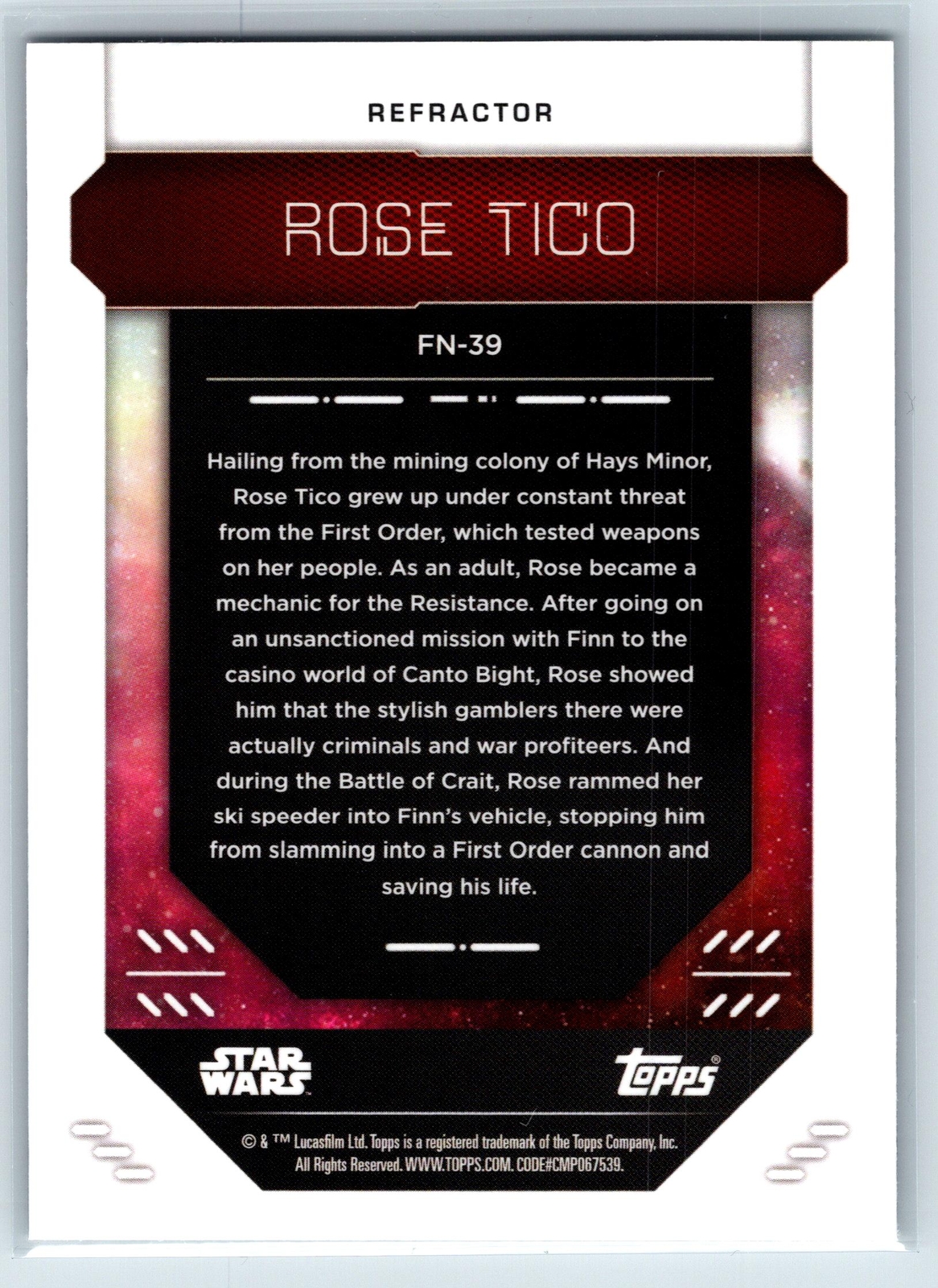 Rose Tico 2023 Topps Finest Star Wars Refractor The Last Jedi #FN-39 Rookie