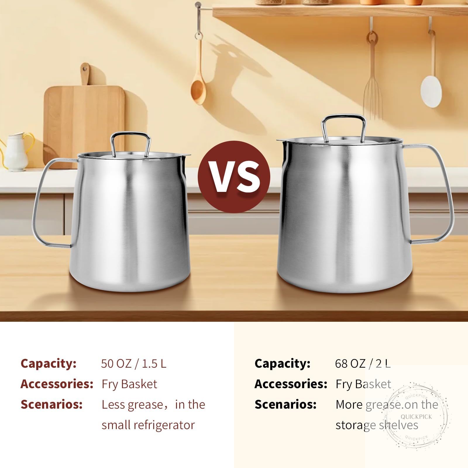 50oz 304 Stainless Steel Deep Fryer Pot with Basket & Strainer, Large Capacity
