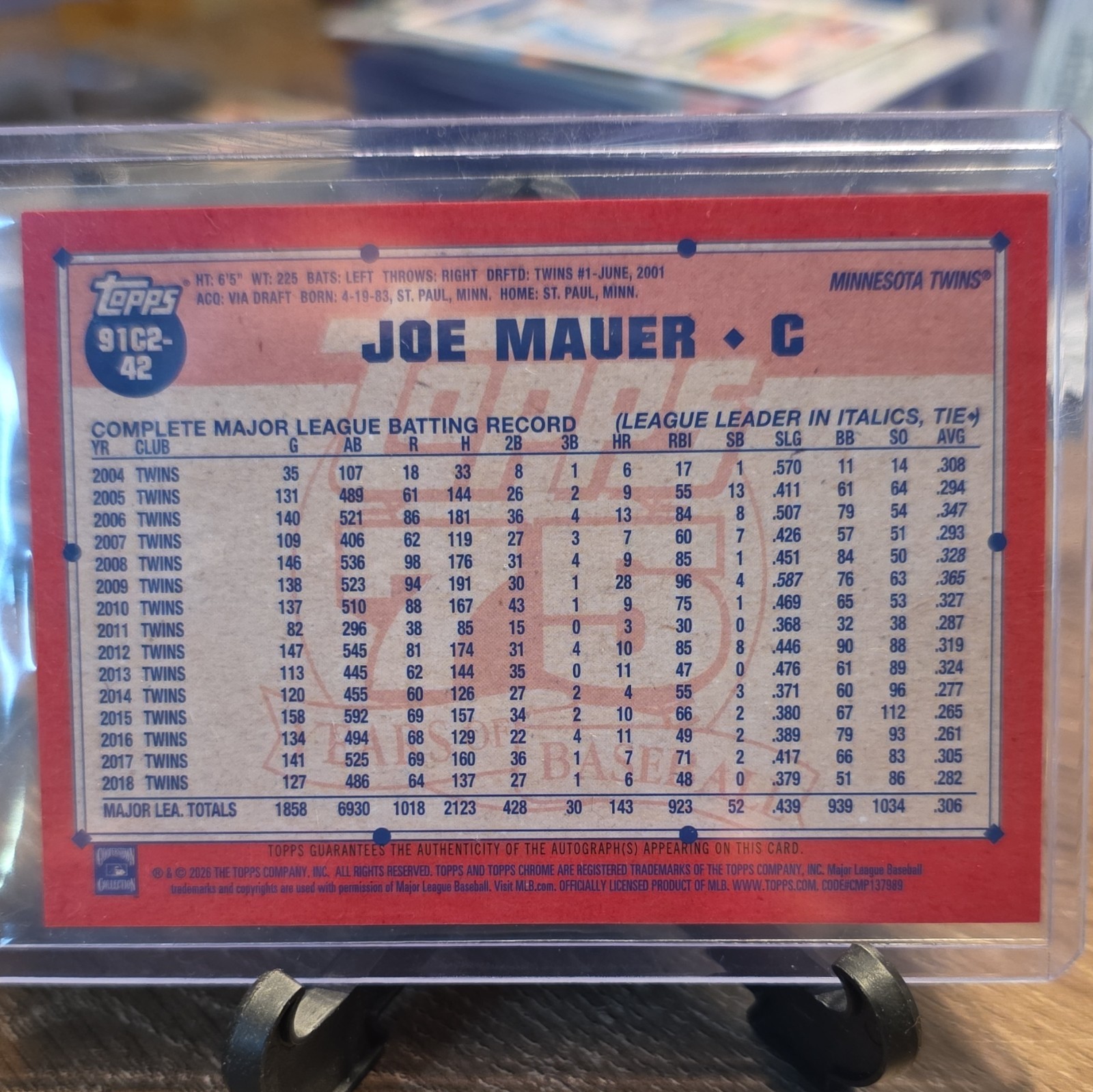 Topps 2020 Topps Chrome Gold Joe Mauer Autographed #91C2-42 /50 Minnesota Twins