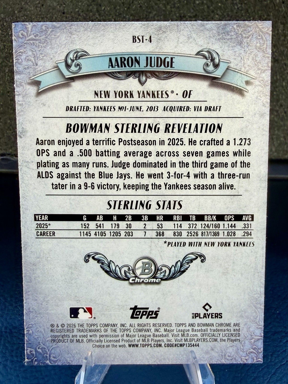 2026 Bowman – Aaron Judge Sterling Chrome Refractor Insert Card #BST-4 Yankees