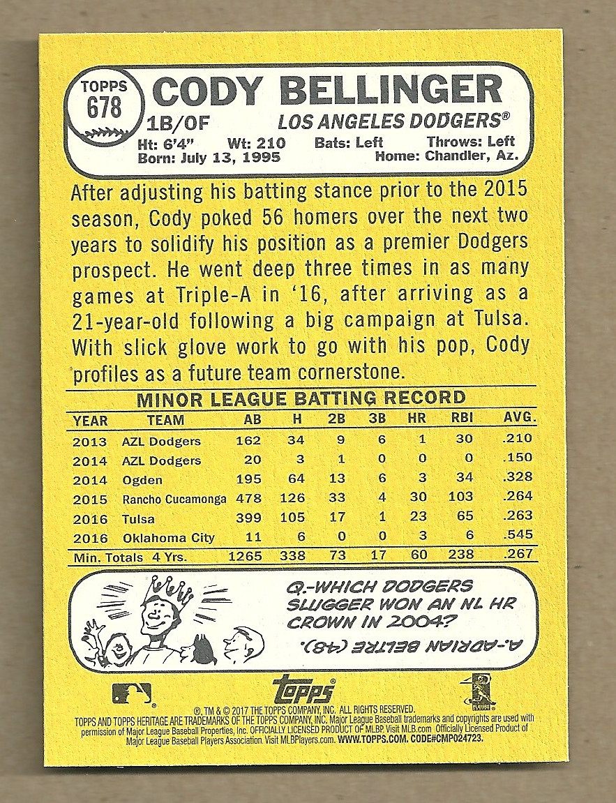2017 Topps Heritage Cody Bellinger #678 RC Rookie Los Angeles Dodgers ROY
