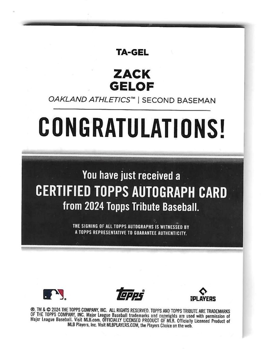 Zach Gelof 2024 Topps Tribute Rookie Auto Card # TA-GEL /199