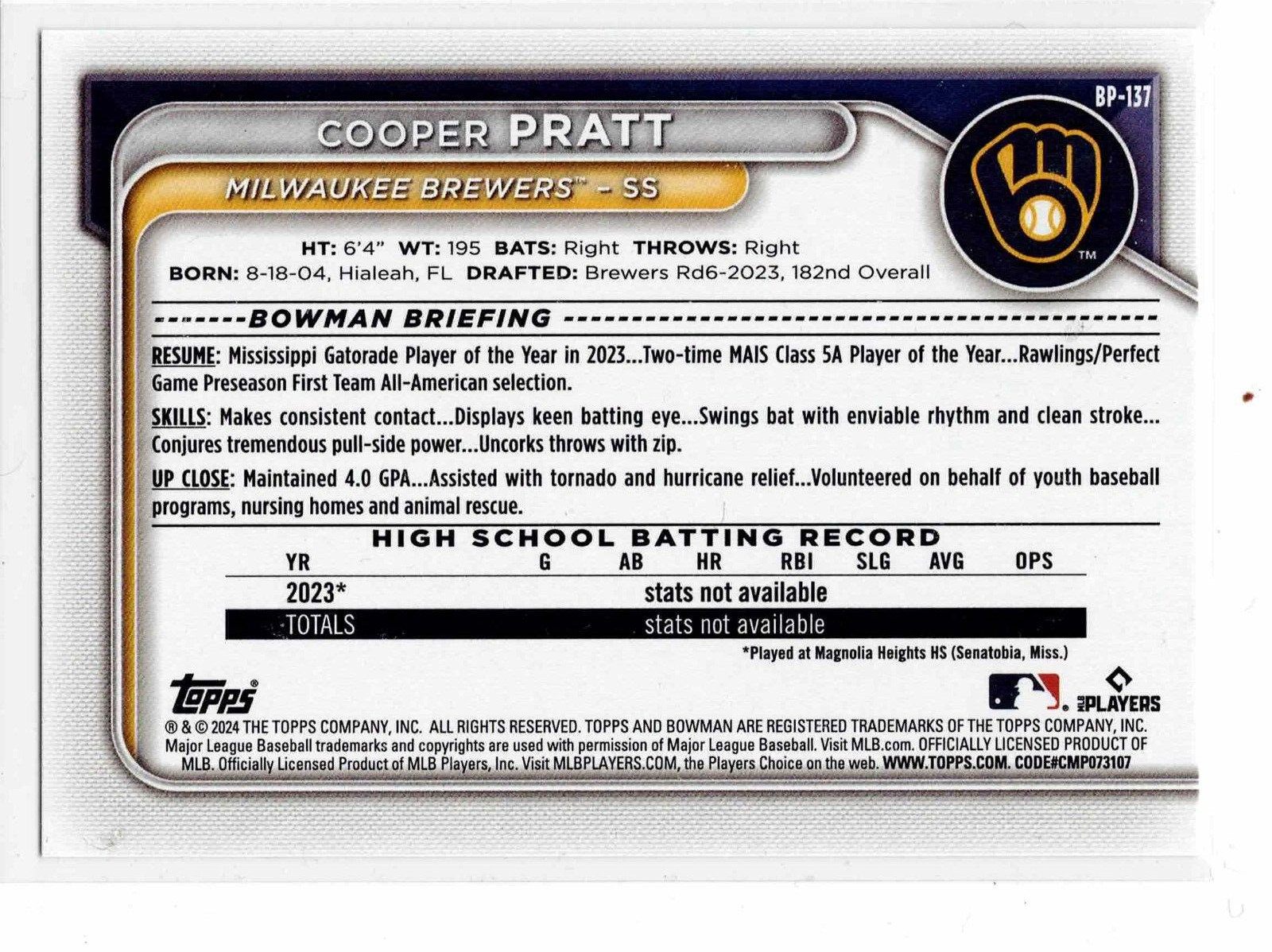 Cooper Pratt Milwaukee Brewers 2024 Bowman prospect 1st Bowman
