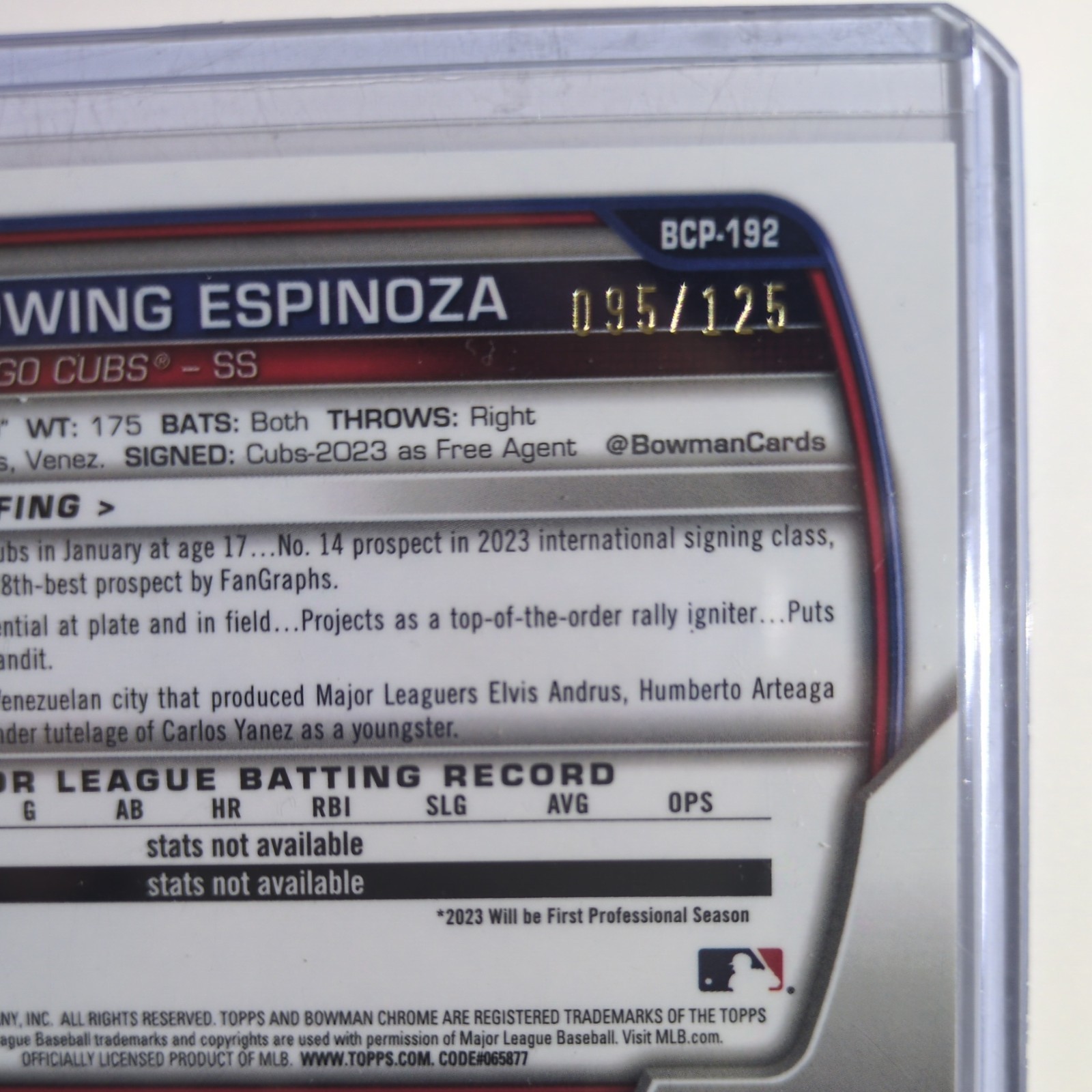 2023 Bowman Chrome Ludwing Espinoza #BCP-192 Aqua & Pink Vapor Refractor /125 RC