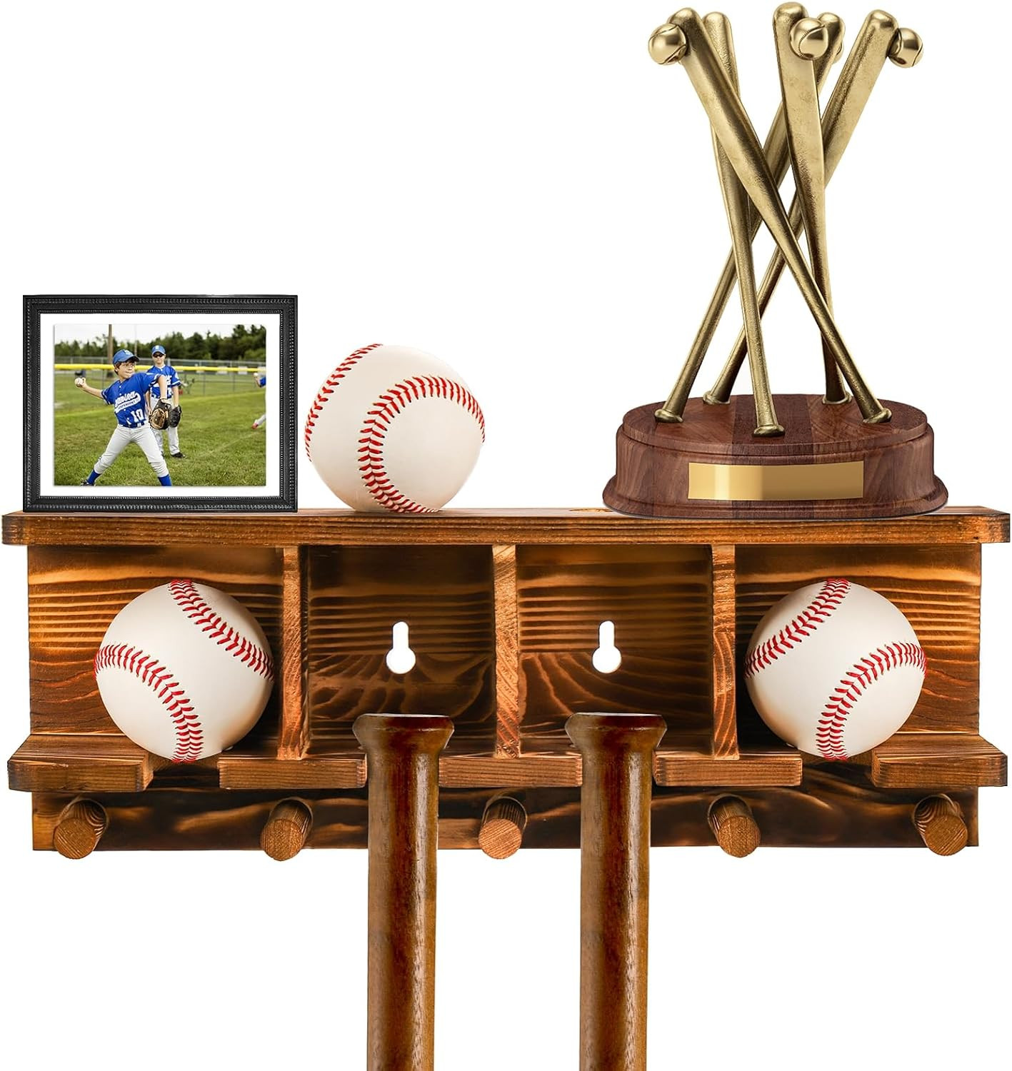 Wood Baseball Bat Holder and Ball Display Shelf Wall Mounted, Sports Memorabilia