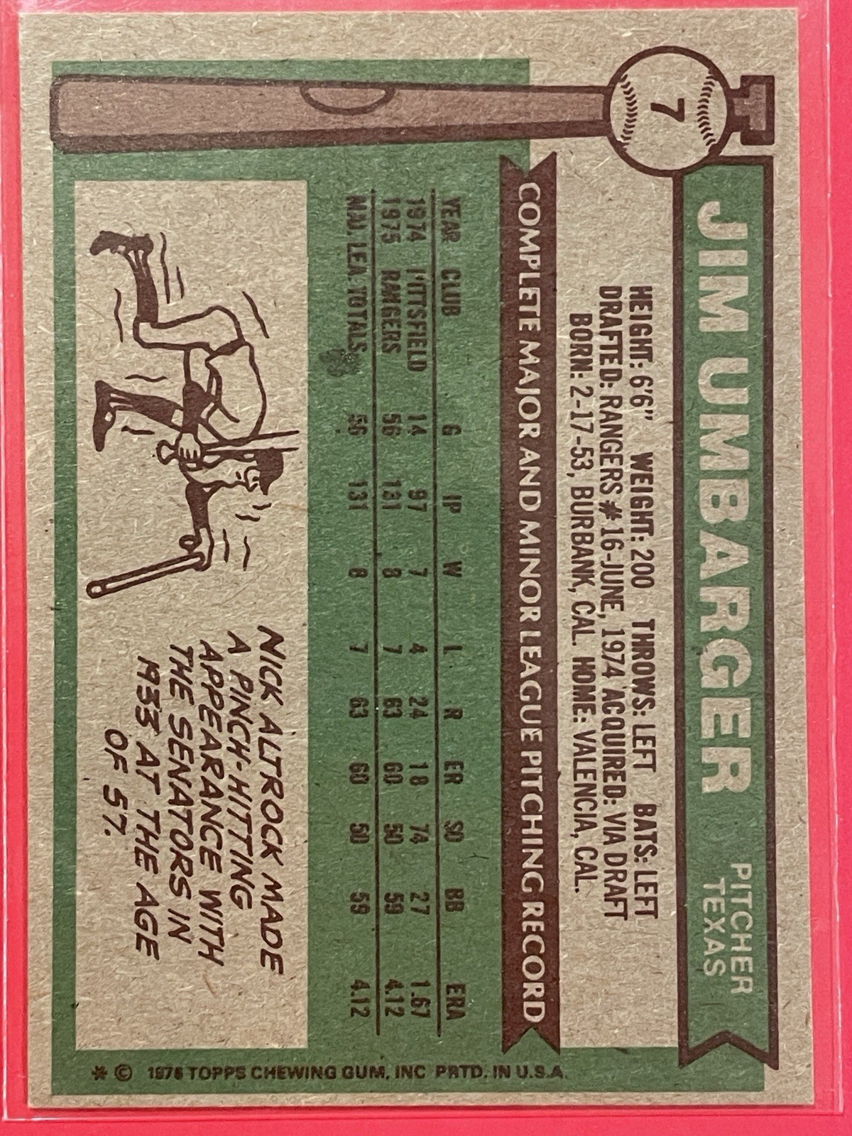 1976 Topps Jim Umbarger Rookie RC #7 Vintage Baseball Texas Rangers