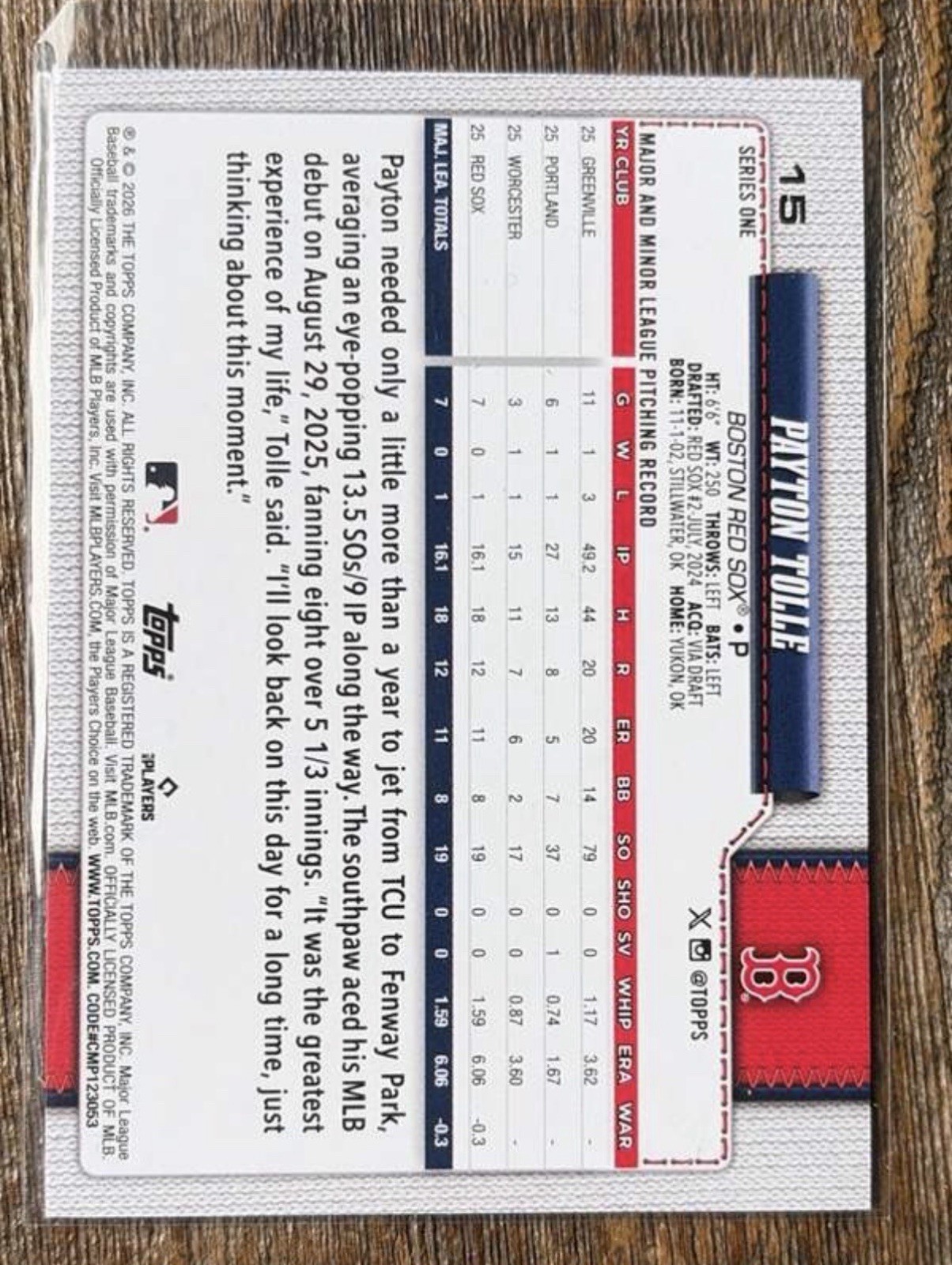 2026 Topps Series 1 Payton Tolle #15 Aqua Holo Foil 1:500 Packs SSP RC 🔥