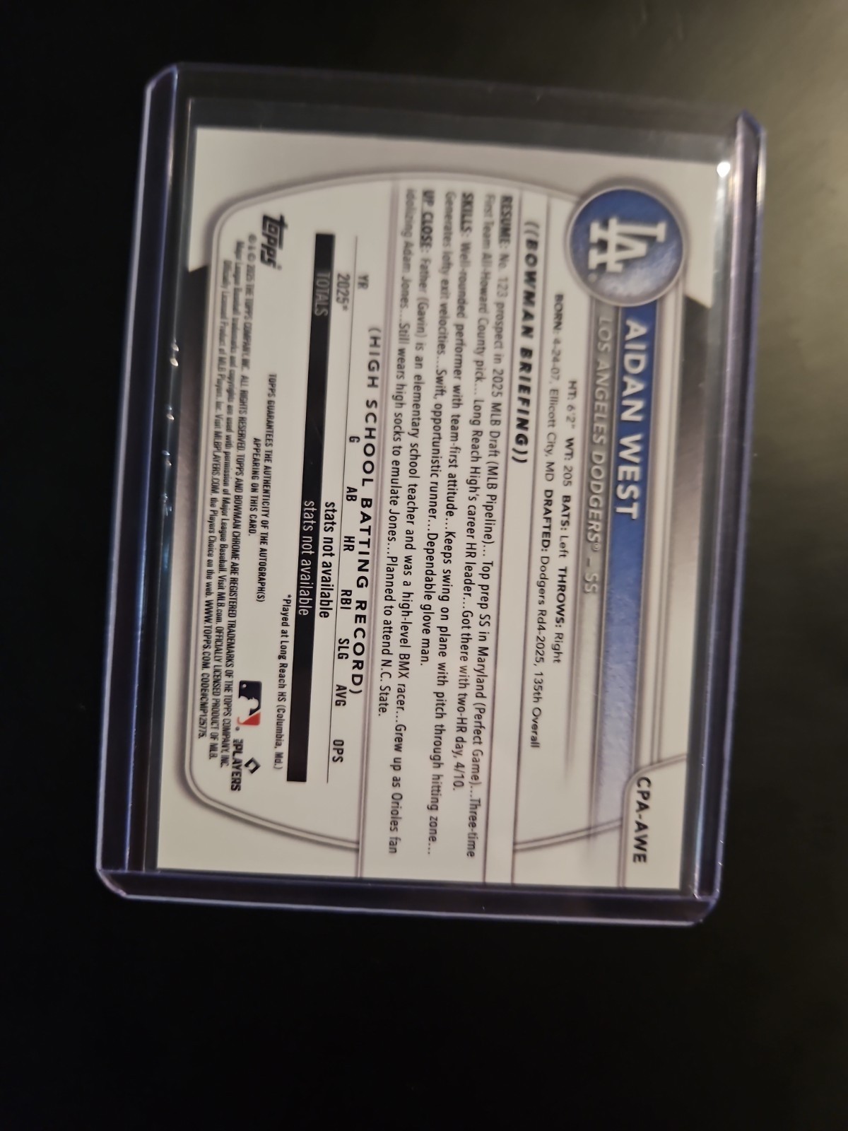 2025 Bowman Draft – Chrome Prospect Autographs Aidan West #CPA-AWE Aqua Lava…