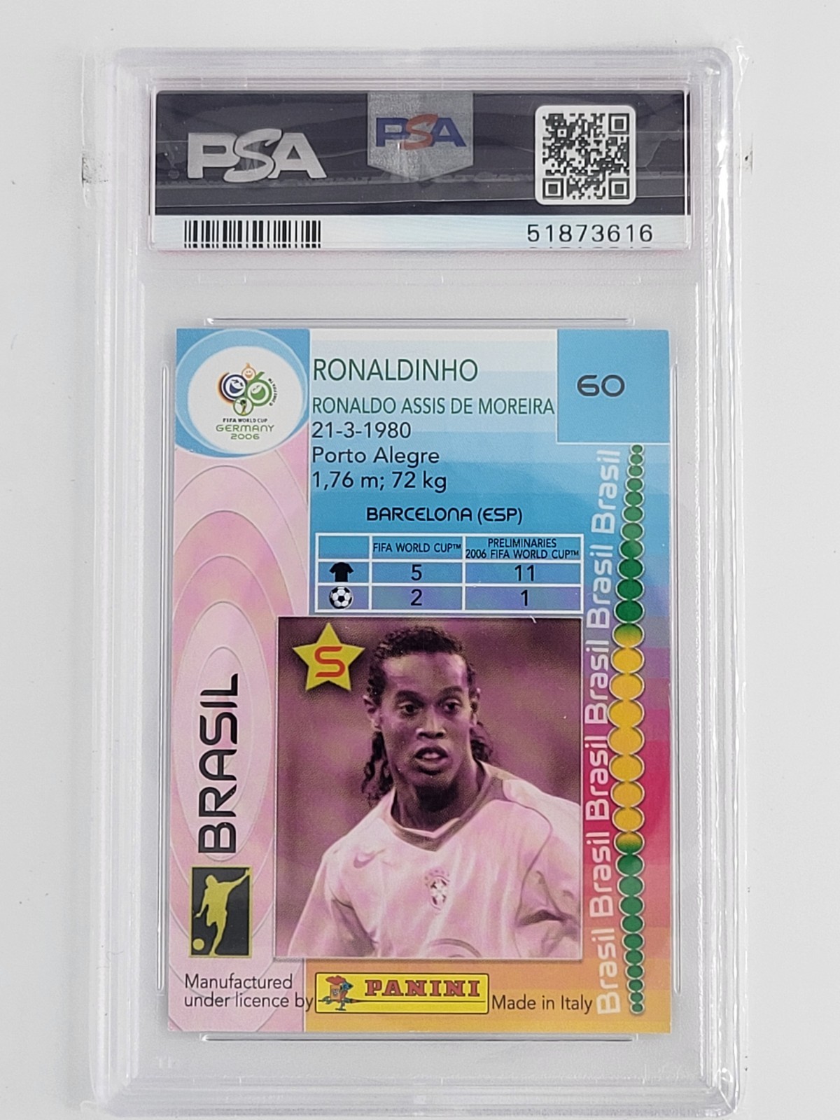 PSA 10 Ronaldinho #60 2006 Panini World Cup Soccer Card Brazil