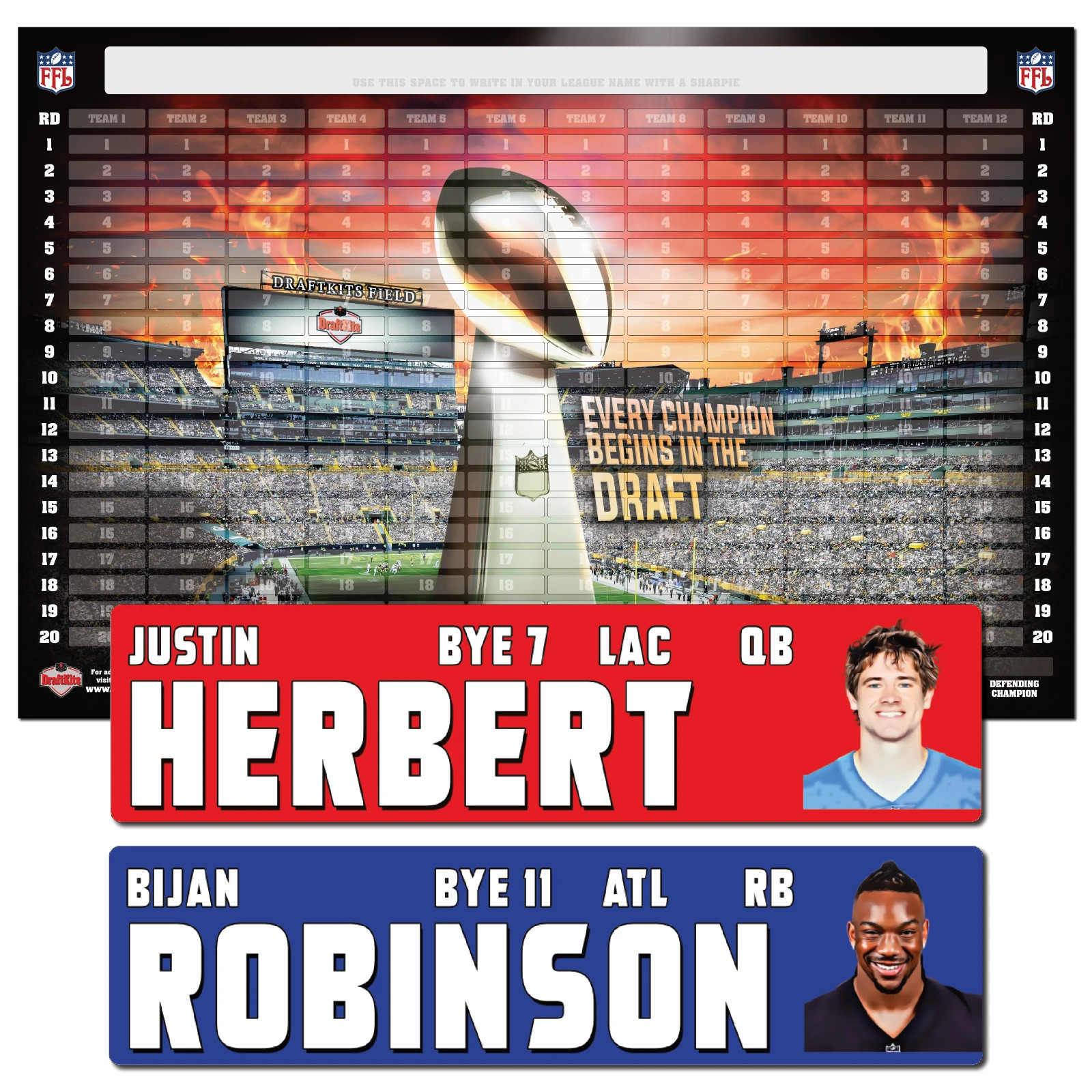 Fantasy Football Draft Board Kit – NEW for 2026 – LARGE Player Stickers & Board