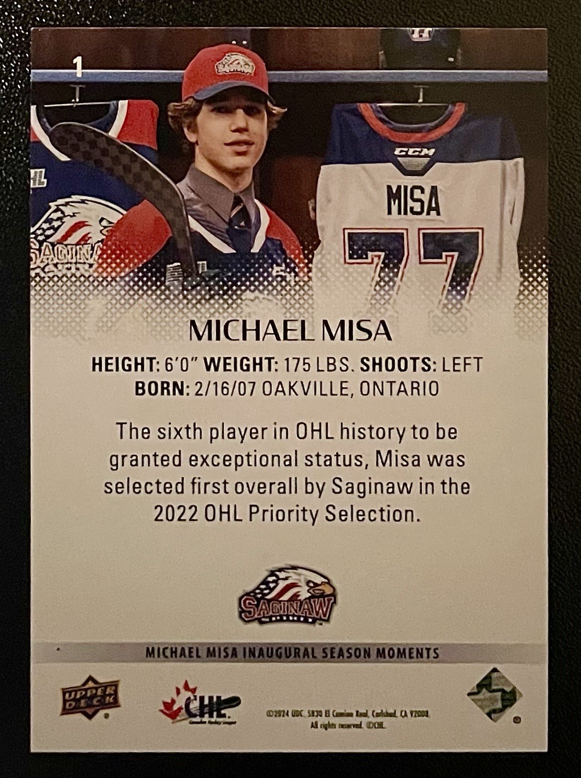 Michael Misa Rookie 2024 Upper Deck Game Dated Moments #1 (RC) – San Jose Sharks